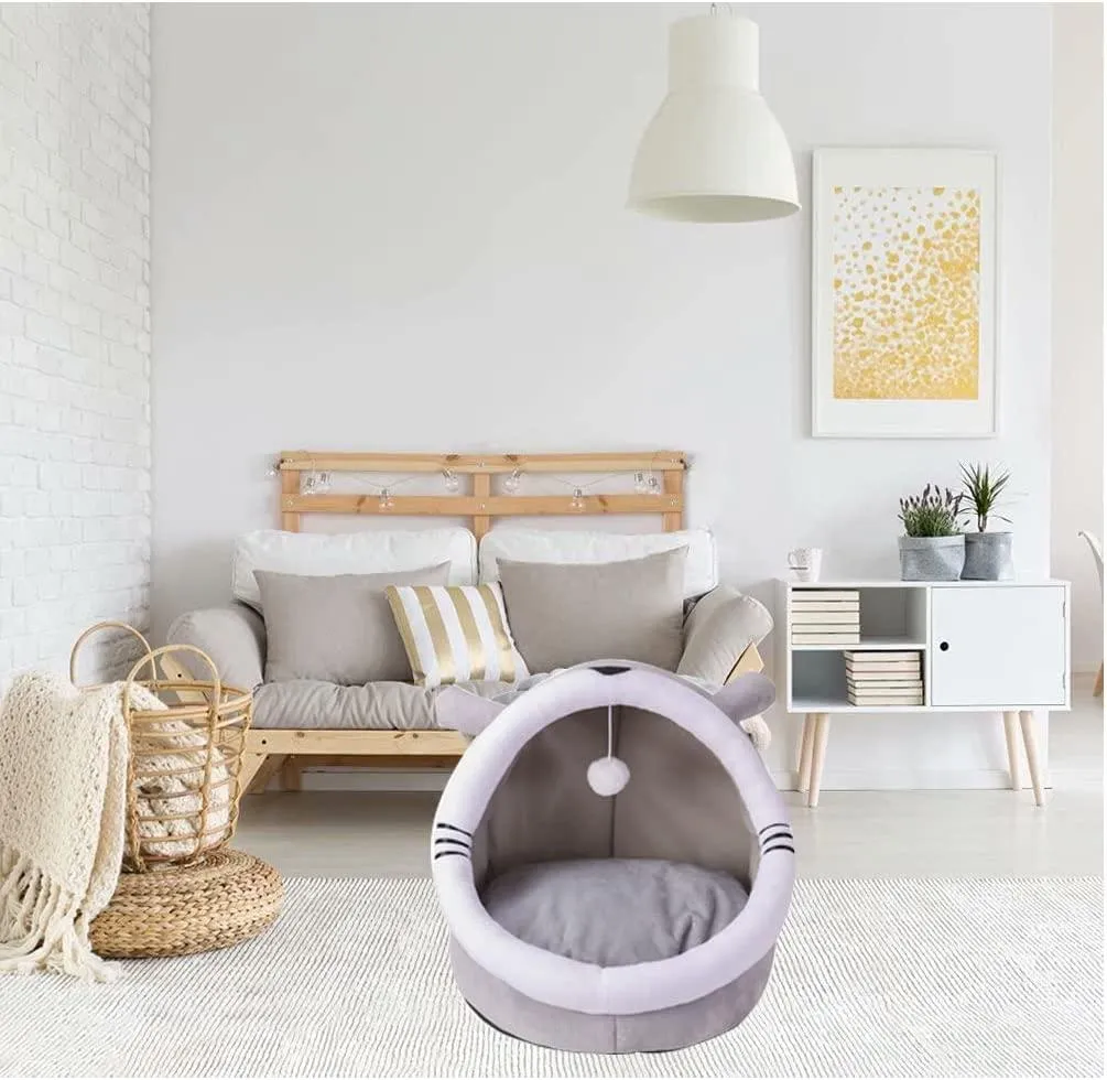 iDopick Cat Beds for Indoor Cats, Cat Cave Bed Cat House with Anti-Slip Bottom,Washable Cat Bed with with Hanging Toy, Puppy Bed with Removable Cotton Pad, Super Soft and Self Warming Calming Pet Bed