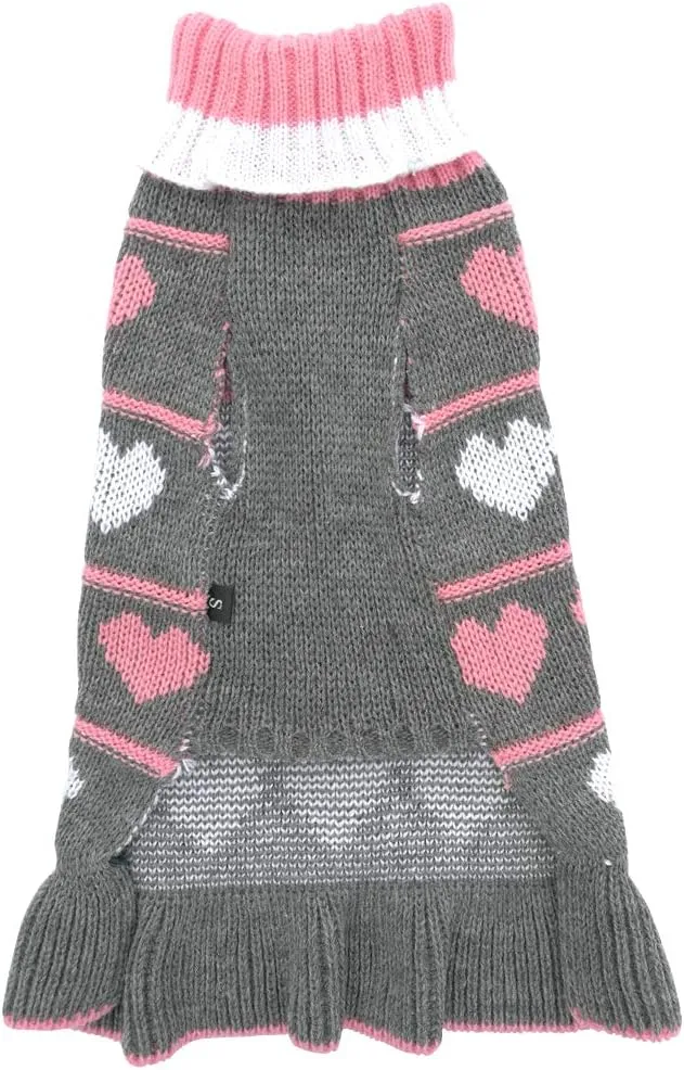 Jecikelon Pet Dog Long Sweaters Dress Knitwear Turtleneck Pullover Warm Winter Puppy Sweater Long Dresses (Grey Heart, Small)