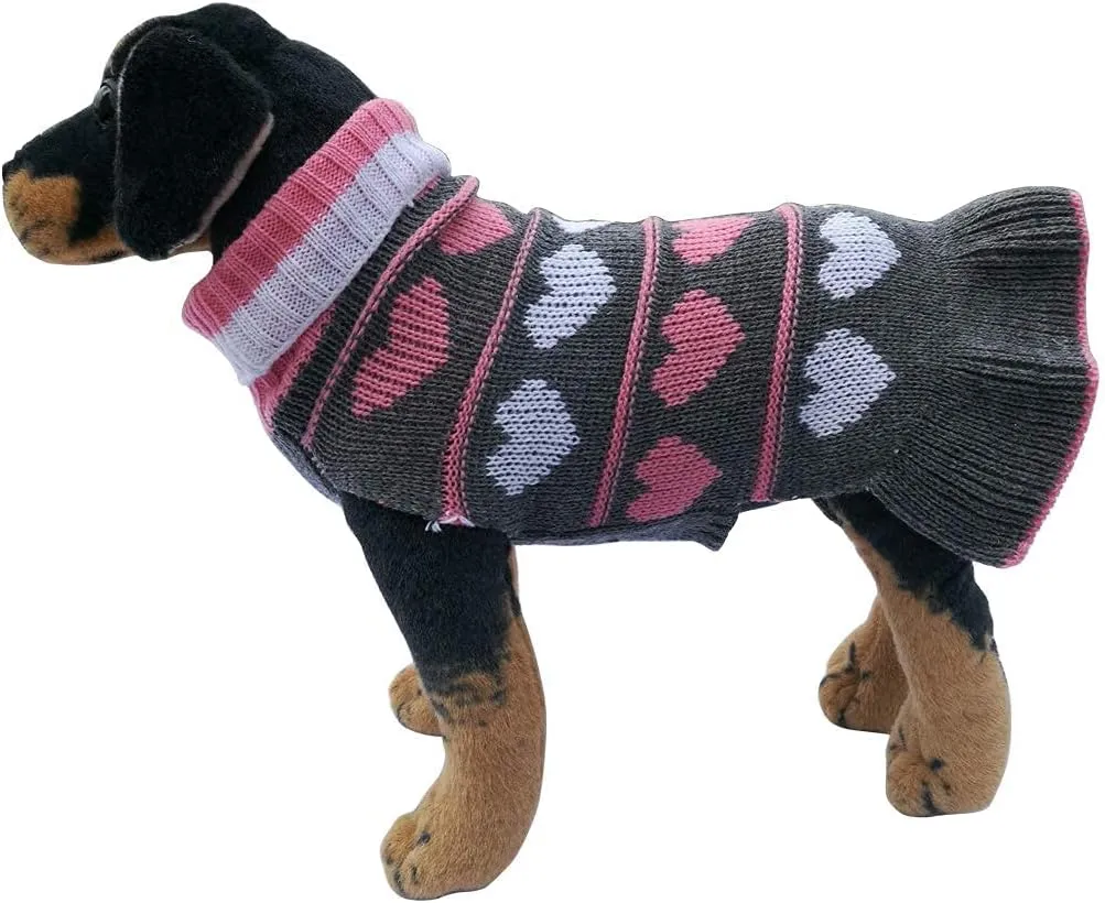 Jecikelon Pet Dog Long Sweaters Dress Knitwear Turtleneck Pullover Warm Winter Puppy Sweater Long Dresses (Grey Heart, Small)