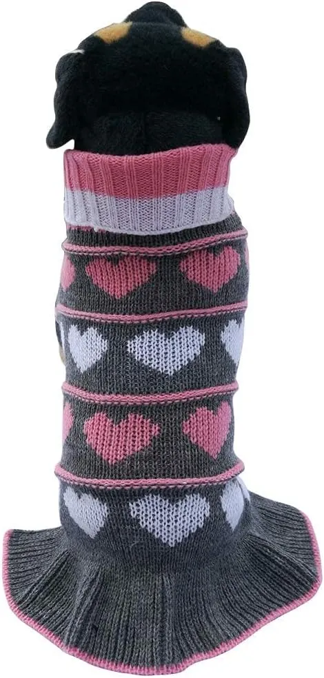 Jecikelon Pet Dog Long Sweaters Dress Knitwear Turtleneck Pullover Warm Winter Puppy Sweater Long Dresses (Grey Heart, Small)