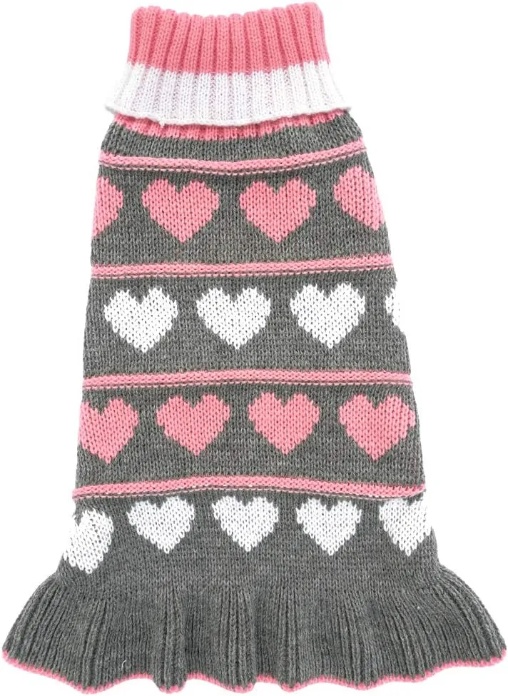 Jecikelon Pet Dog Long Sweaters Dress Knitwear Turtleneck Pullover Warm Winter Puppy Sweater Long Dresses (Grey Heart, Small)