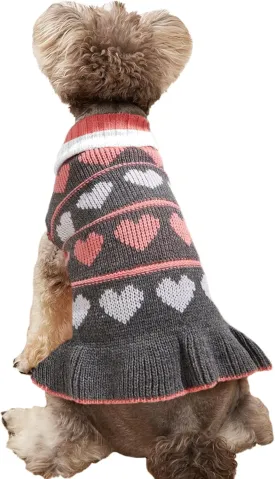 Jecikelon Pet Dog Long Sweaters Dress Knitwear Turtleneck Pullover Warm Winter Puppy Sweater Long Dresses (Grey Heart, Small)