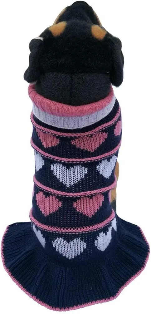 Jecikelon Pet Dog Long Sweaters Dress Knitwear Turtleneck Pullover Warm Winter Puppy Sweater Long Dresses (Navy Heart, Small)