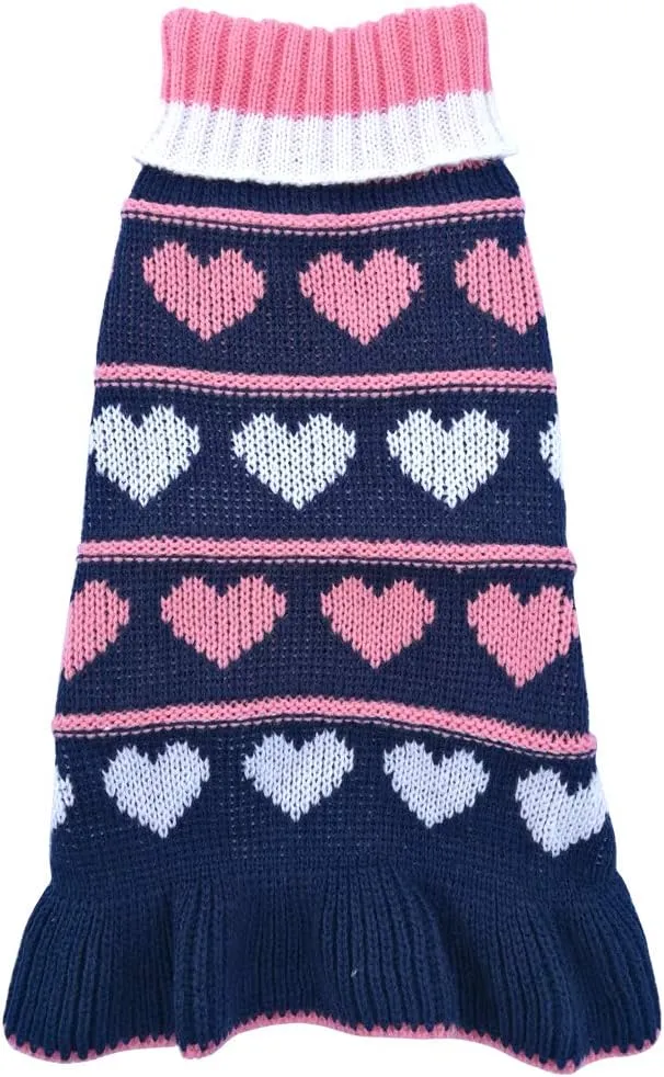 Jecikelon Pet Dog Long Sweaters Dress Knitwear Turtleneck Pullover Warm Winter Puppy Sweater Long Dresses (Navy Heart, Small)