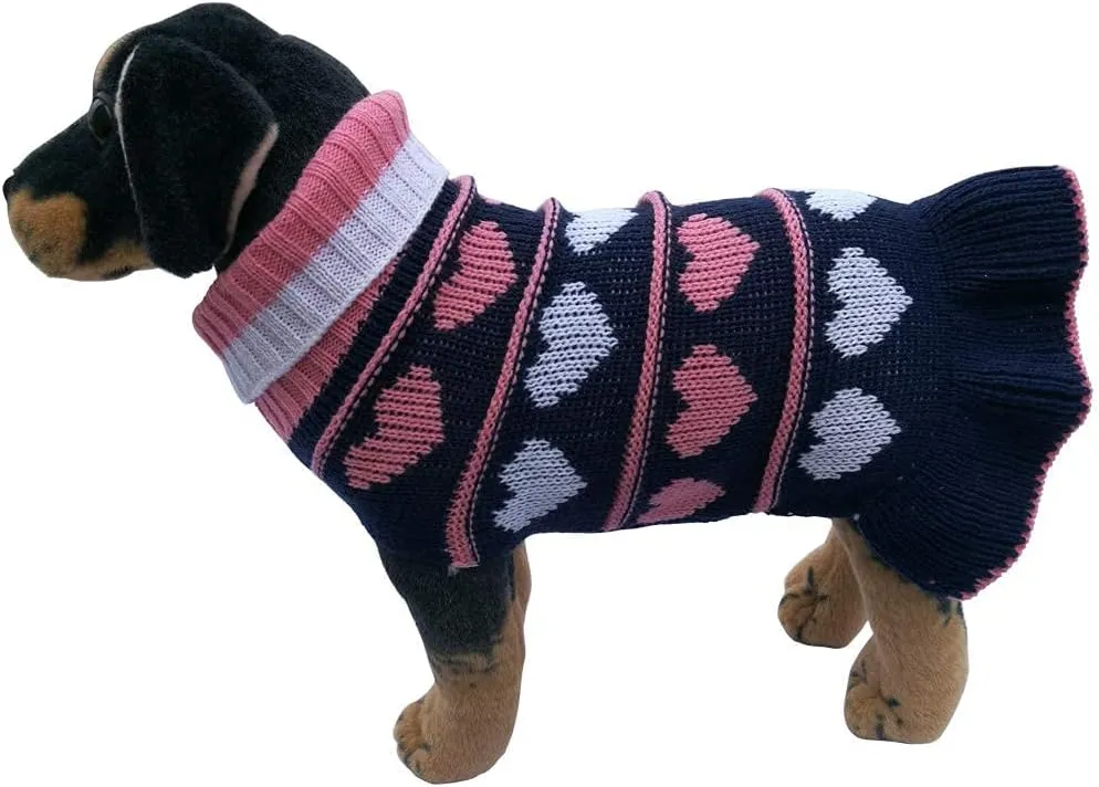 Jecikelon Pet Dog Long Sweaters Dress Knitwear Turtleneck Pullover Warm Winter Puppy Sweater Long Dresses (Navy Heart, Small)