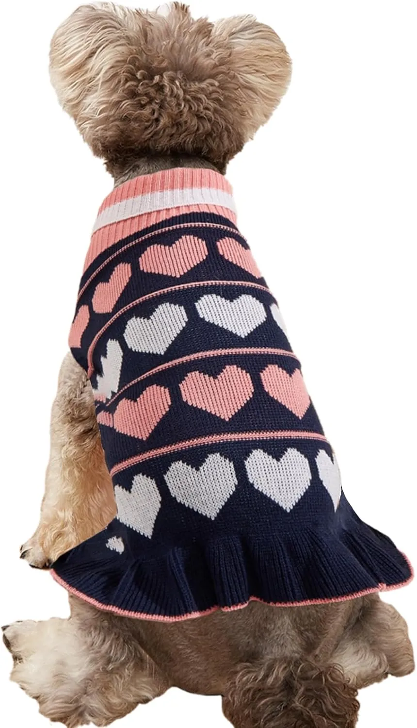 Jecikelon Pet Dog Long Sweaters Dress Knitwear Turtleneck Pullover Warm Winter Puppy Sweater Long Dresses (Navy Heart, Small)