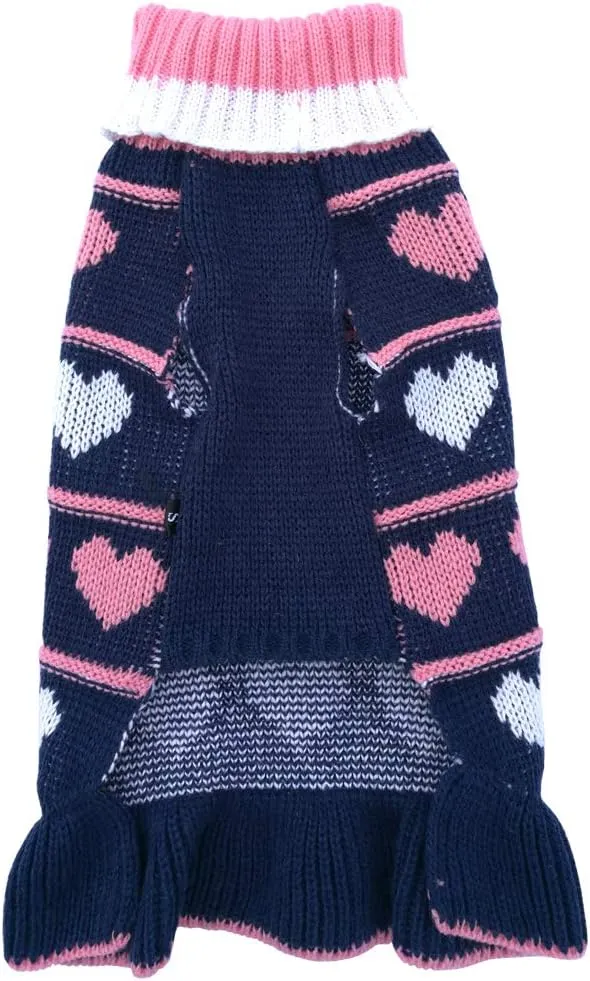 Jecikelon Pet Dog Long Sweaters Dress Knitwear Turtleneck Pullover Warm Winter Puppy Sweater Long Dresses (Navy Heart, Small)