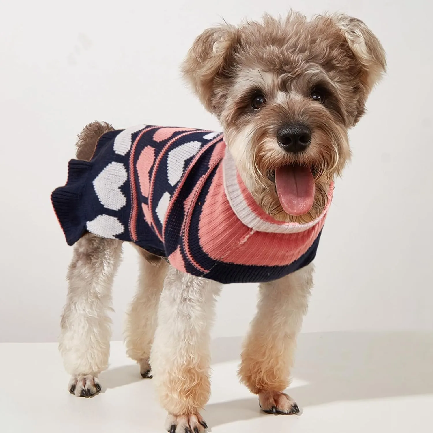Jecikelon Pet Dog Long Sweaters Dress Knitwear Turtleneck Pullover Warm Winter Puppy Sweater Long Dresses (Navy Heart, Small)