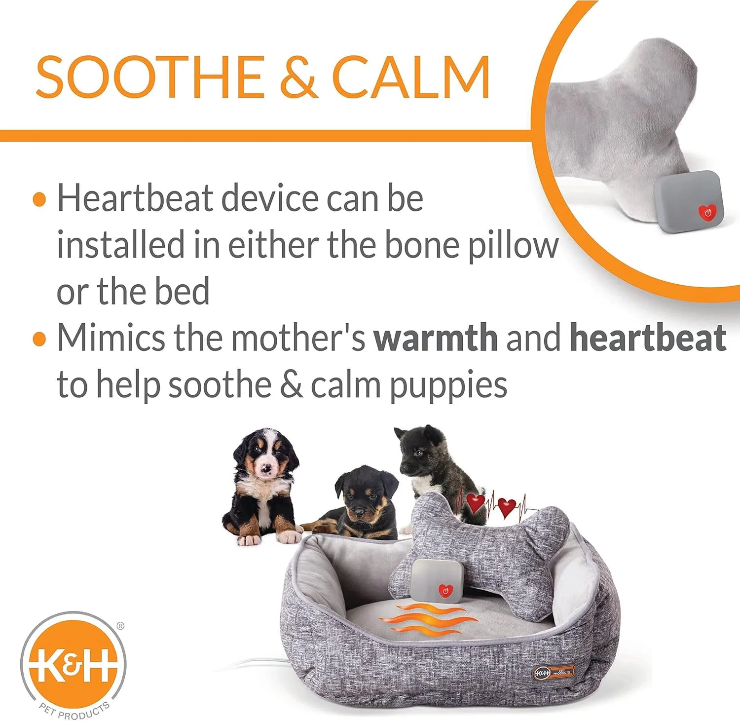 K&H Pet Products Mother's Heated Dog Bed   Anxiety Relief Toy - Gray, 16 X 20 Inches, Extra-Large for Dogs