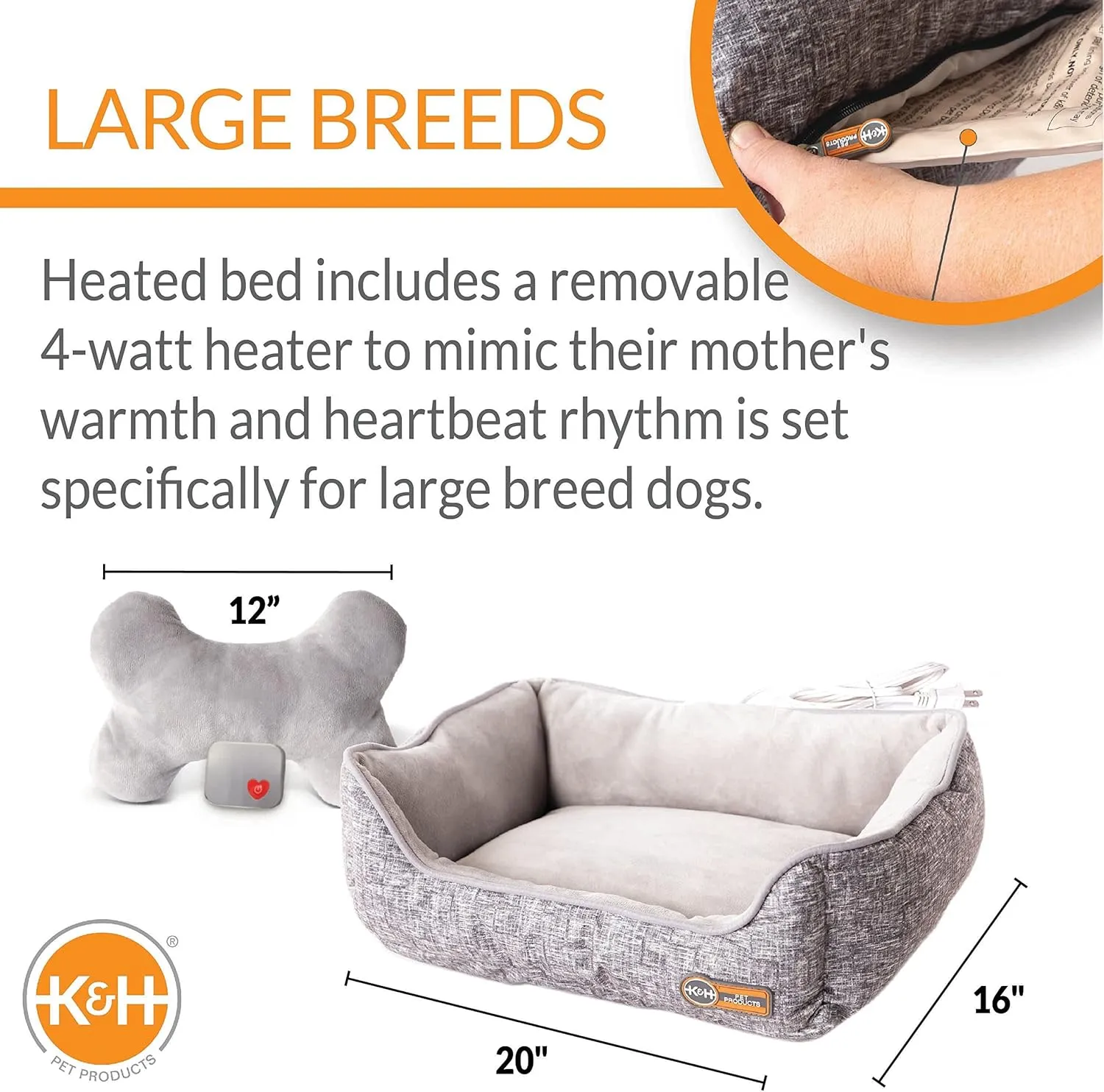 K&H Pet Products Mother's Heated Dog Bed   Anxiety Relief Toy - Gray, 16 X 20 Inches, Extra-Large for Dogs