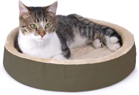K&H Pet Products Thermo-Kitty Cuddle Up Heated Cat Beds for Indoor Cats & Dogs, Orthopedic Base Warming Pet Bed, Low Sides, Machine Washable, Removable Heated, Safety Listed - 16in Round Mocha/Tan
