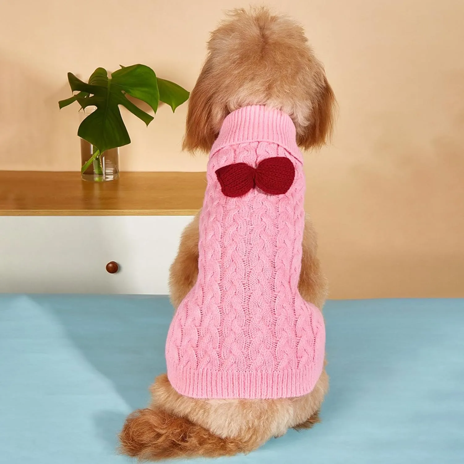Knitted Small Dog Sweater with Bowtie Turtleneck Puppy Knitwear Pullover Outfits Warm Pet Winter Clothes for Small Dogs Cats (Small, Pink1)