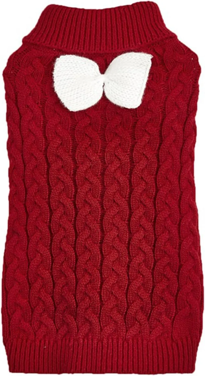 Knitted Small Dog Sweater with Bowtie Turtleneck Puppy Knitwear Pullover Outfits Warm Pet Winter Clothes for Small Dogs Cats (XX-Small, Wine red)