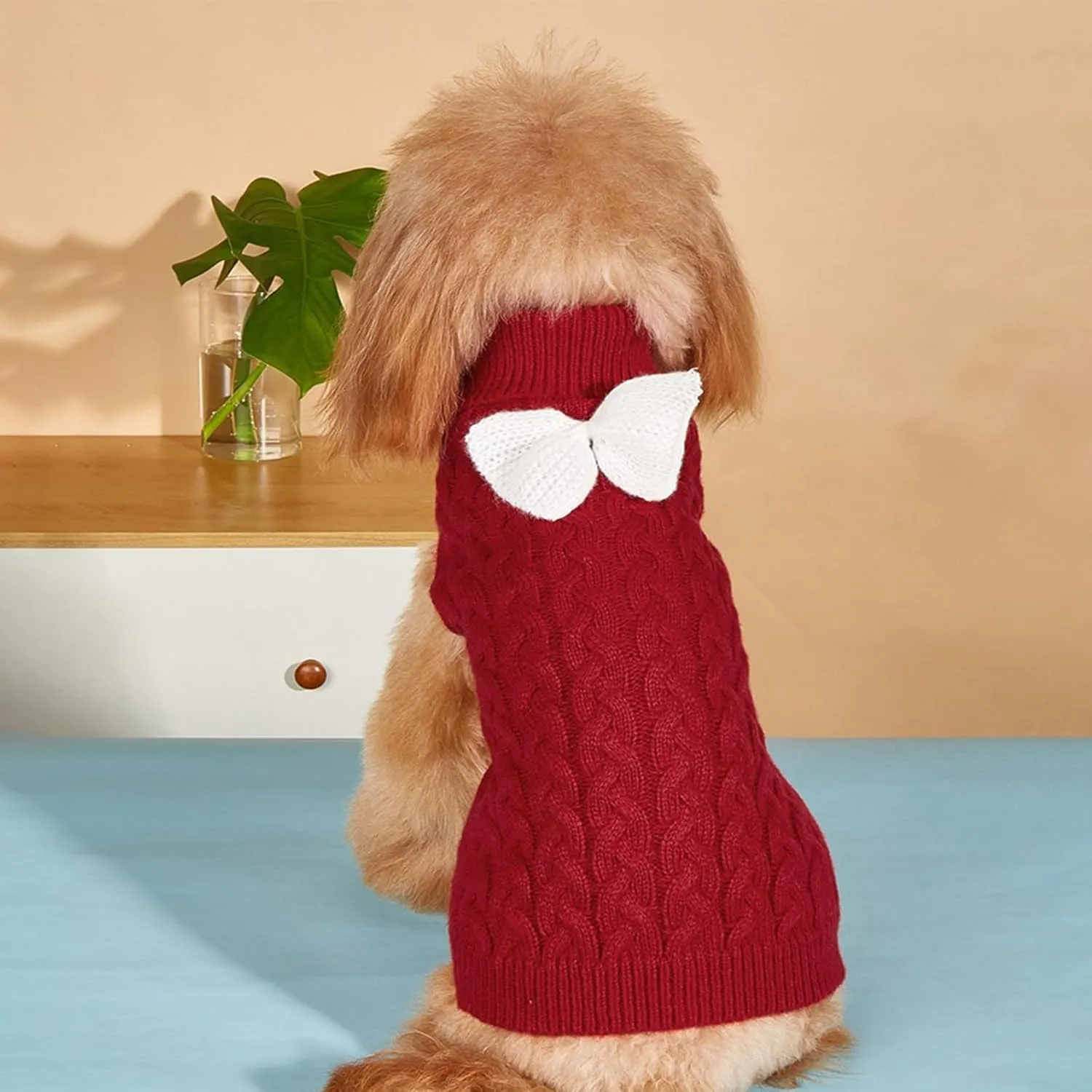 Knitted Small Dog Sweater with Bowtie Turtleneck Puppy Knitwear Pullover Outfits Warm Pet Winter Clothes for Small Dogs Cats (XX-Small, Wine red)