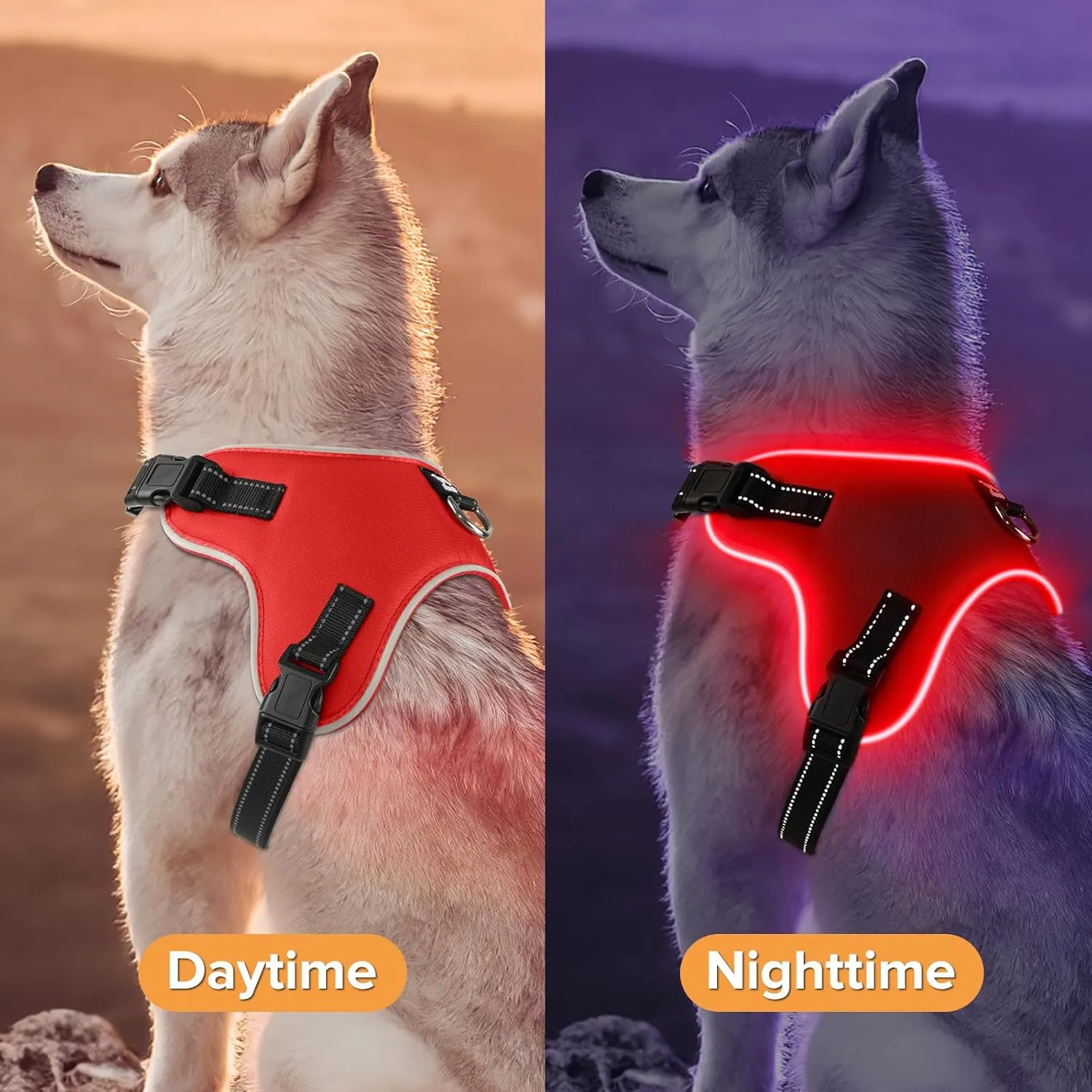 Light Up Dog Harness, Led No-Pull Reflective Dog Vest, Breathable Adjustable Pet Harness with Handle for Outdoor Walking - No More Pulling, Tugging or Choking (Red, M), Medium