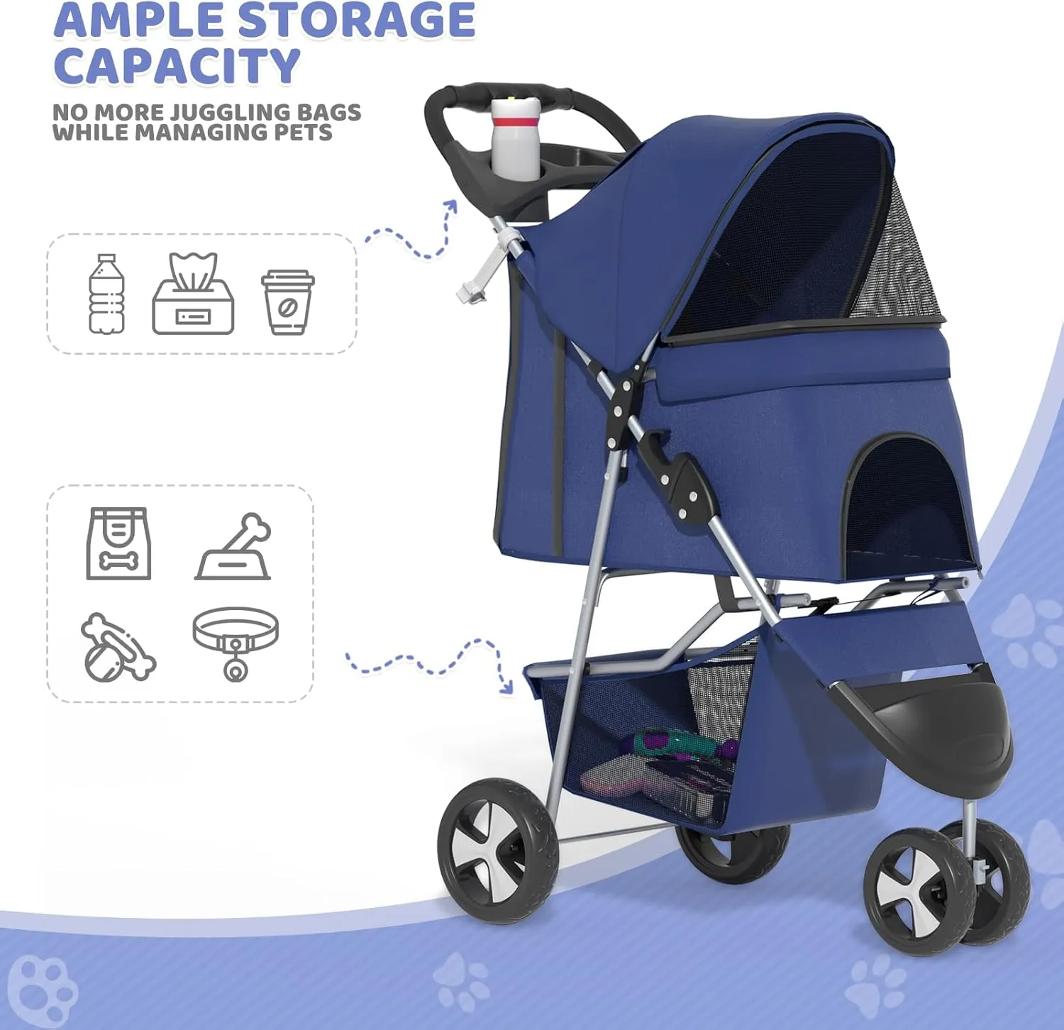 Magshion 3-Wheel Pet Stroller, Foldable Travel Jogger for Small & Medium Dogs & Cats (Up to 33lbs), Lightweight Carrier with Breathable Mesh Cover, Cup Holder & Storage Basket, Navy Blue