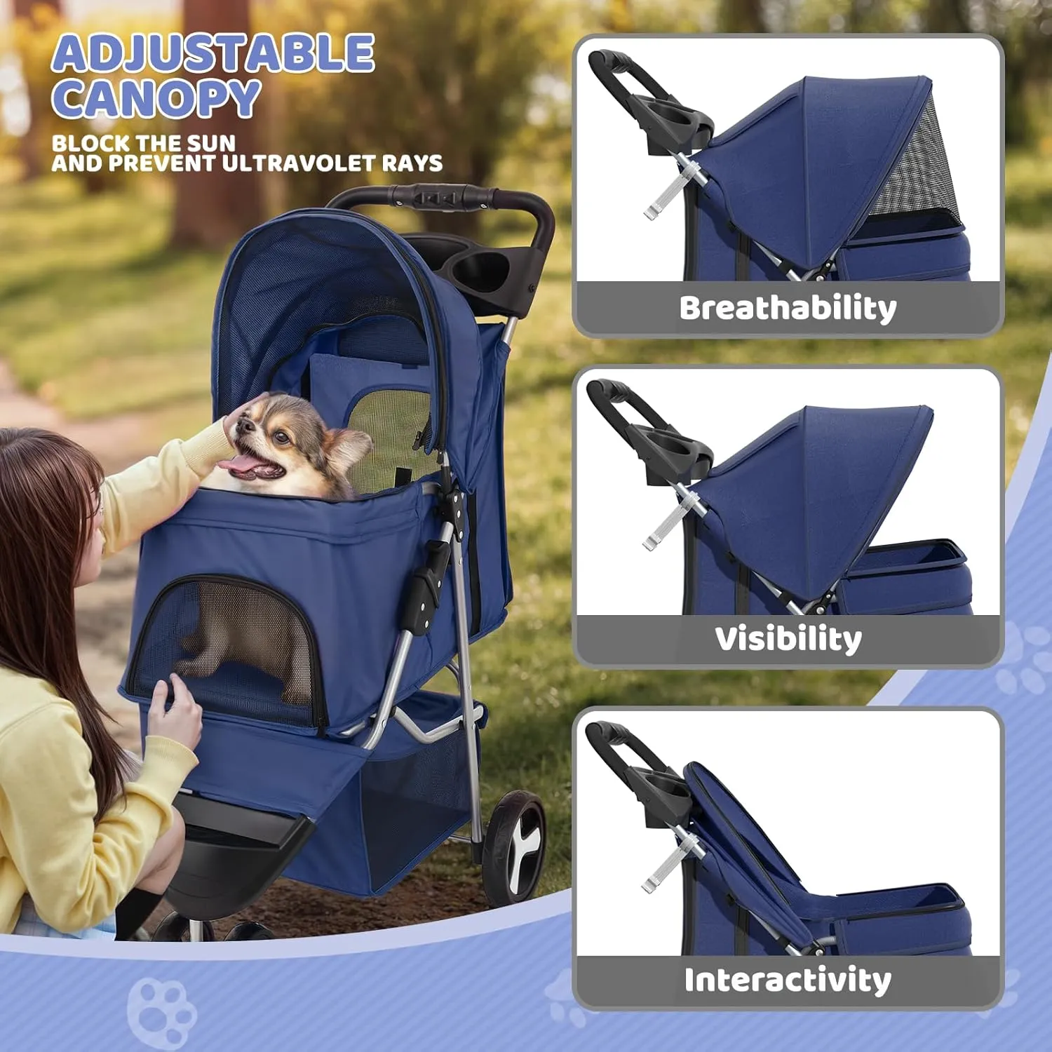 Magshion 3-Wheel Pet Stroller, Foldable Travel Jogger for Small & Medium Dogs & Cats (Up to 33lbs), Lightweight Carrier with Breathable Mesh Cover, Cup Holder & Storage Basket, Navy Blue