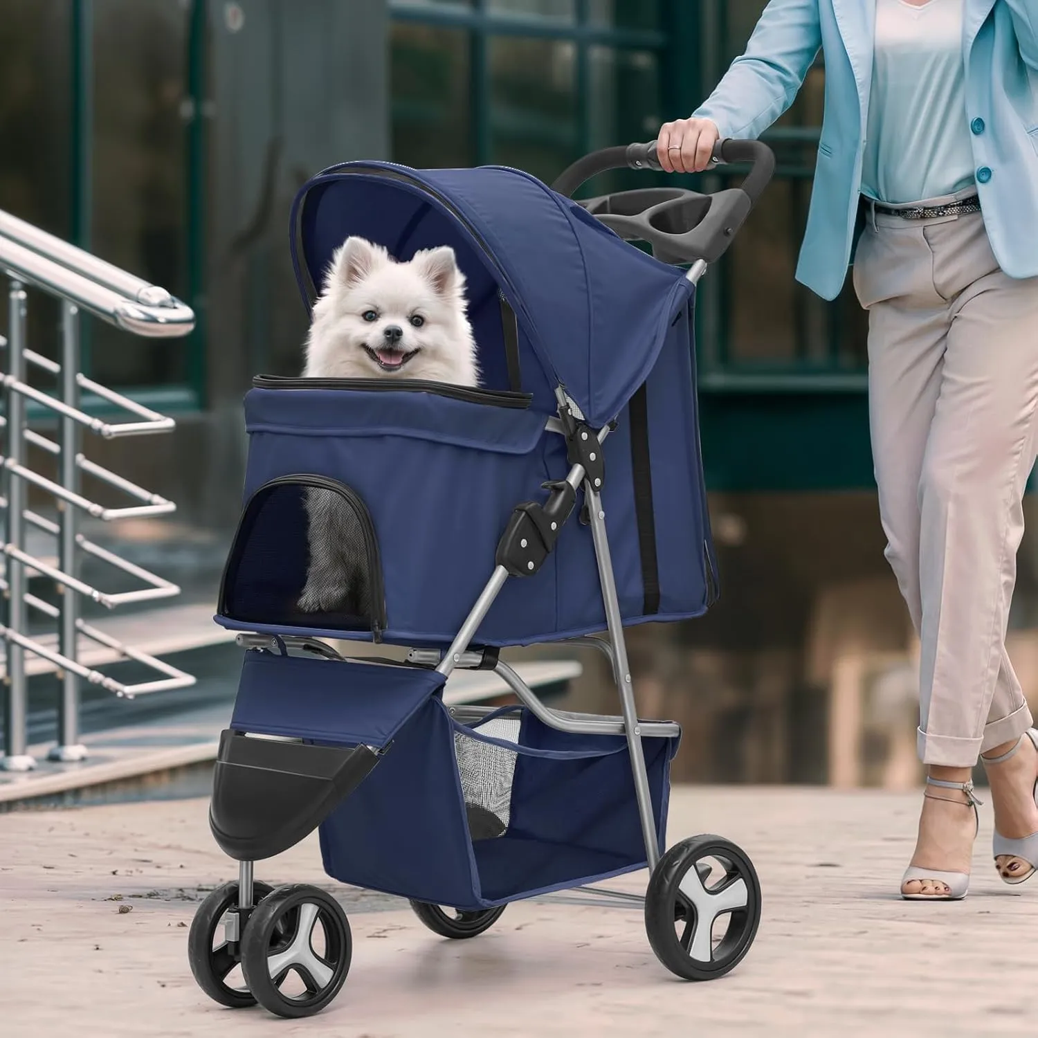 Magshion 3-Wheel Pet Stroller, Foldable Travel Jogger for Small & Medium Dogs & Cats (Up to 33lbs), Lightweight Carrier with Breathable Mesh Cover, Cup Holder & Storage Basket, Navy Blue