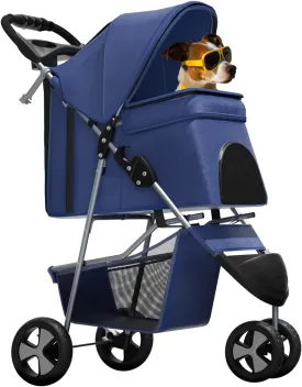Magshion 3-Wheel Pet Stroller, Foldable Travel Jogger for Small & Medium Dogs & Cats (Up to 33lbs), Lightweight Carrier with Breathable Mesh Cover, Cup Holder & Storage Basket, Navy Blue