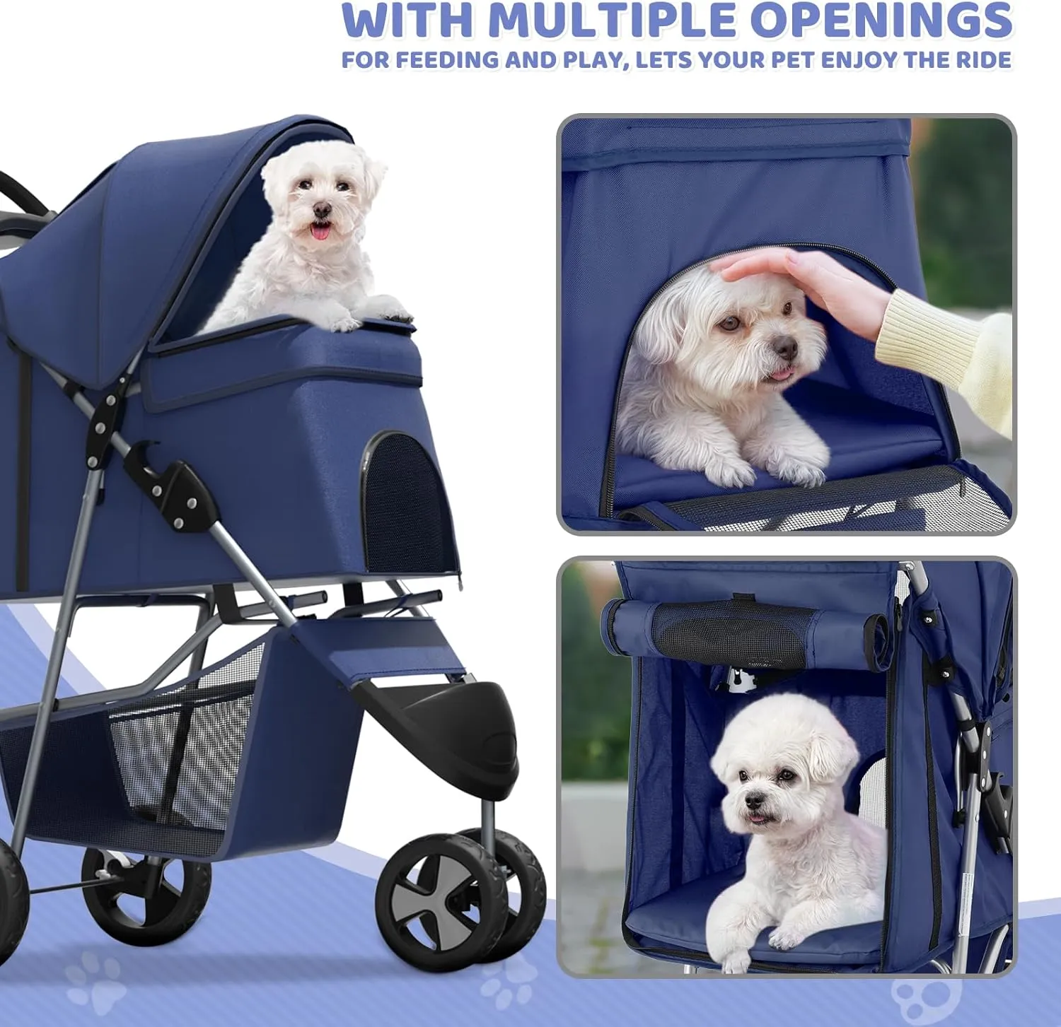 Magshion 3-Wheel Pet Stroller, Foldable Travel Jogger for Small & Medium Dogs & Cats (Up to 33lbs), Lightweight Carrier with Breathable Mesh Cover, Cup Holder & Storage Basket, Navy Blue