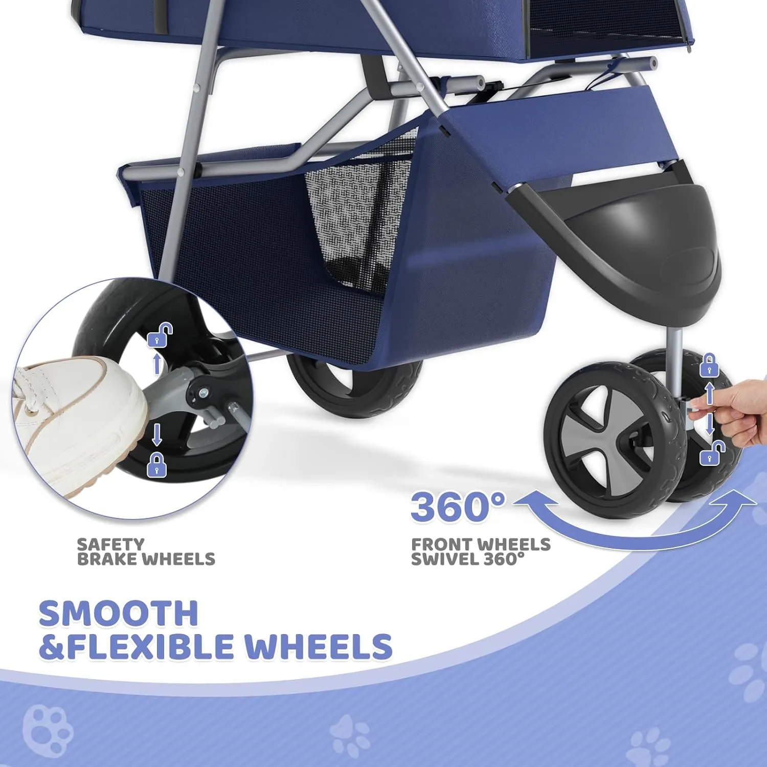 Magshion 3-Wheel Pet Stroller, Foldable Travel Jogger for Small & Medium Dogs & Cats (Up to 33lbs), Lightweight Carrier with Breathable Mesh Cover, Cup Holder & Storage Basket, Navy Blue