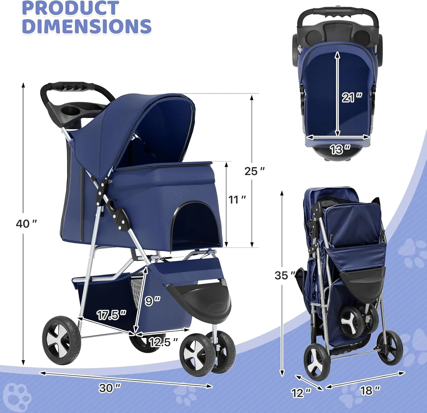 Magshion 3-Wheel Pet Stroller, Foldable Travel Jogger for Small & Medium Dogs & Cats (Up to 33lbs), Lightweight Carrier with Breathable Mesh Cover, Cup Holder & Storage Basket, Navy Blue