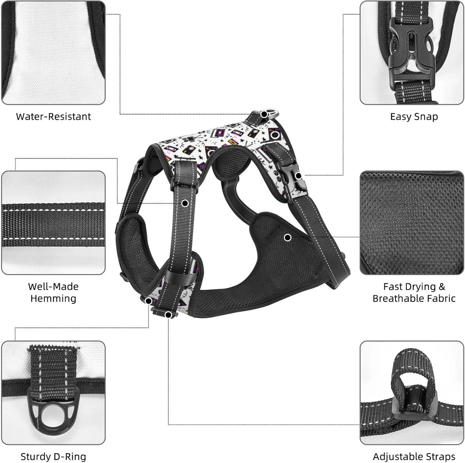 Music Player Tactical Dog Harness for Small Medium Large Dogs No Pull Adjustable Pet Harness Reflective Working Training Pet Vest Military Service Dog Harnesses-X-Large