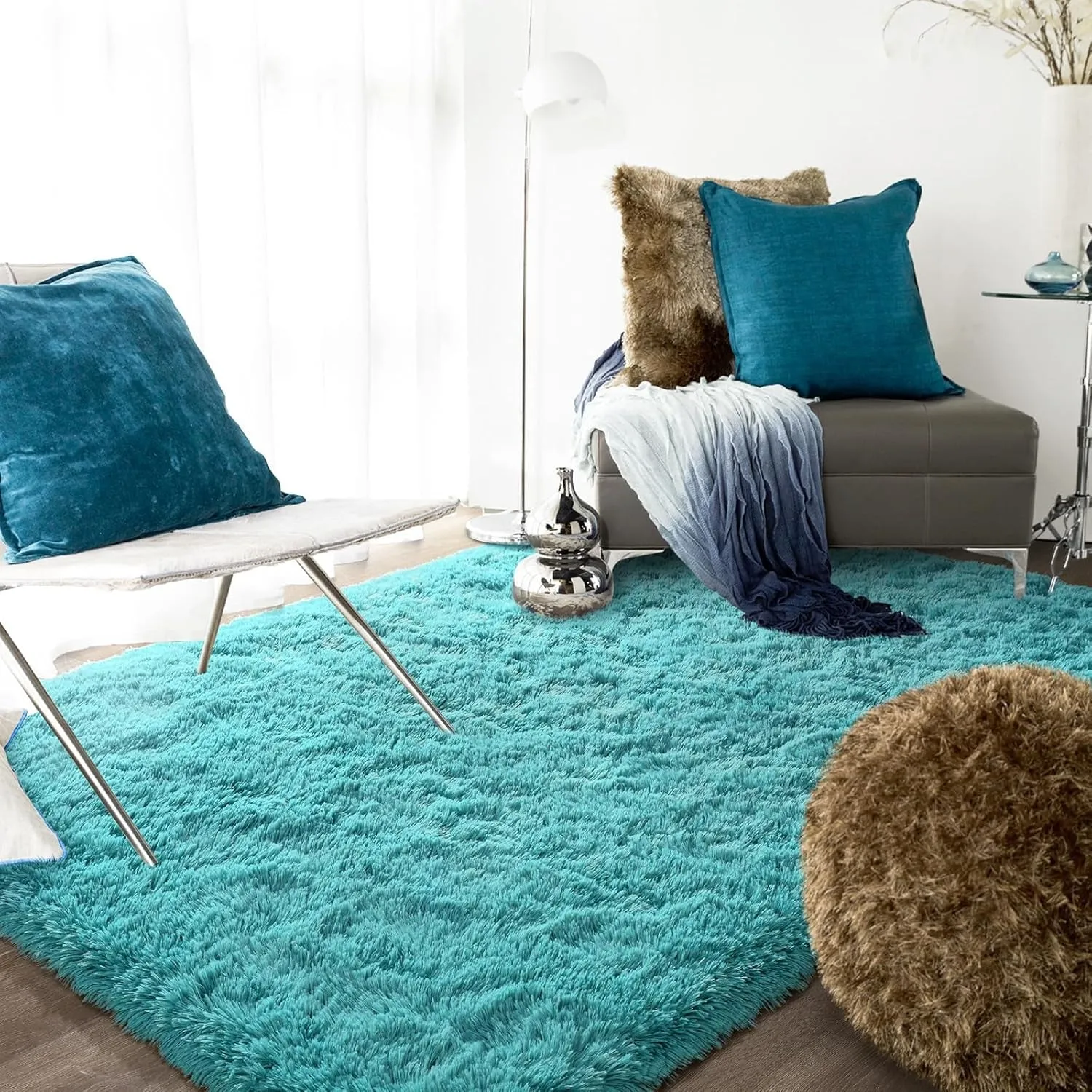 Ompaa Soft Fluffy Area Rug for Living Room Bedroom, 4X6 Teal Blue Plush Shag Rugs, Fuzzy Shaggy Accent Carpets for Kids Girls Rooms, Modern Apartment Nursery Dorm Indoor Furry Decor