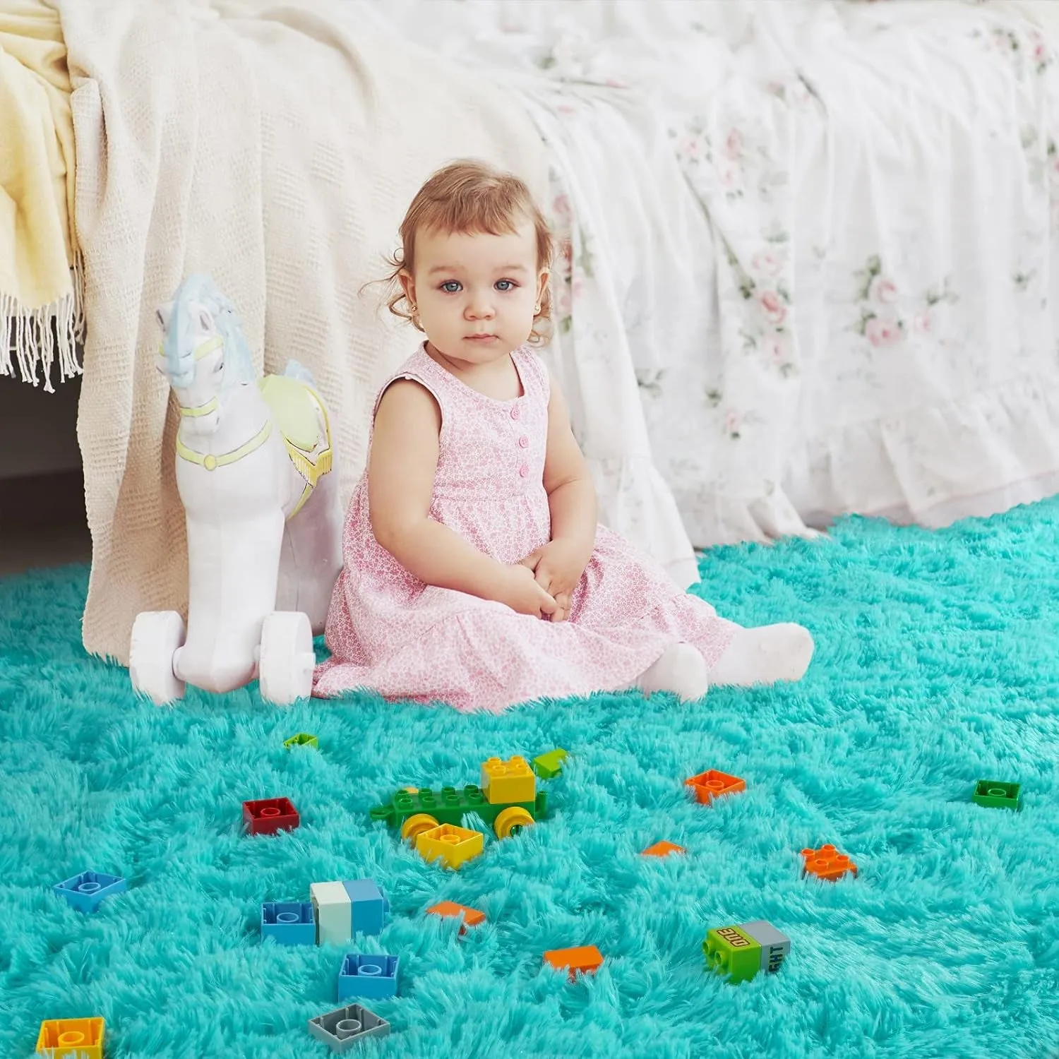 Ompaa Soft Fluffy Area Rug for Living Room Bedroom, 4X6 Teal Blue Plush Shag Rugs, Fuzzy Shaggy Accent Carpets for Kids Girls Rooms, Modern Apartment Nursery Dorm Indoor Furry Decor