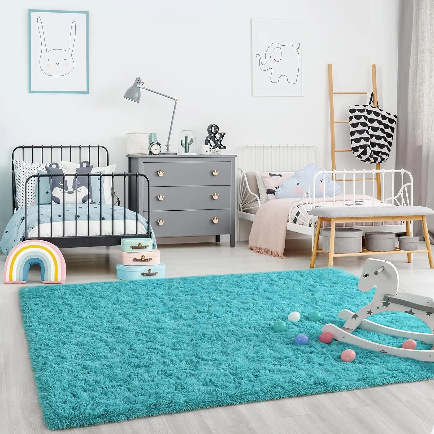 Ompaa Soft Fluffy Area Rug for Living Room Bedroom, 4X6 Teal Blue Plush Shag Rugs, Fuzzy Shaggy Accent Carpets for Kids Girls Rooms, Modern Apartment Nursery Dorm Indoor Furry Decor