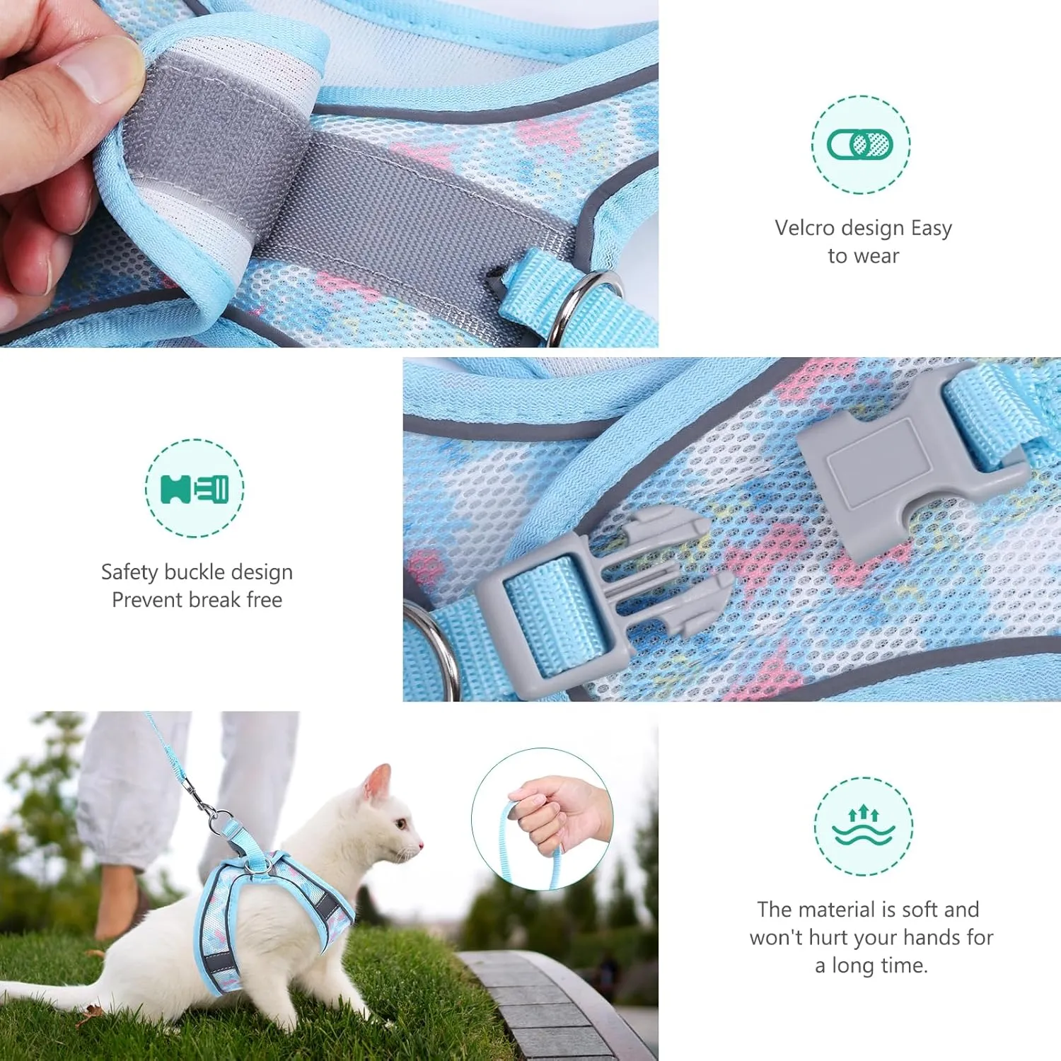 ORIA Cat Harness and Leash Set, Adjustable Cat Vest Harness, Escape Proof Kitten Harness with Reflective Strip, Easy Control Breathable Kitten Vest for Small Medium Cats, Blue, XXS