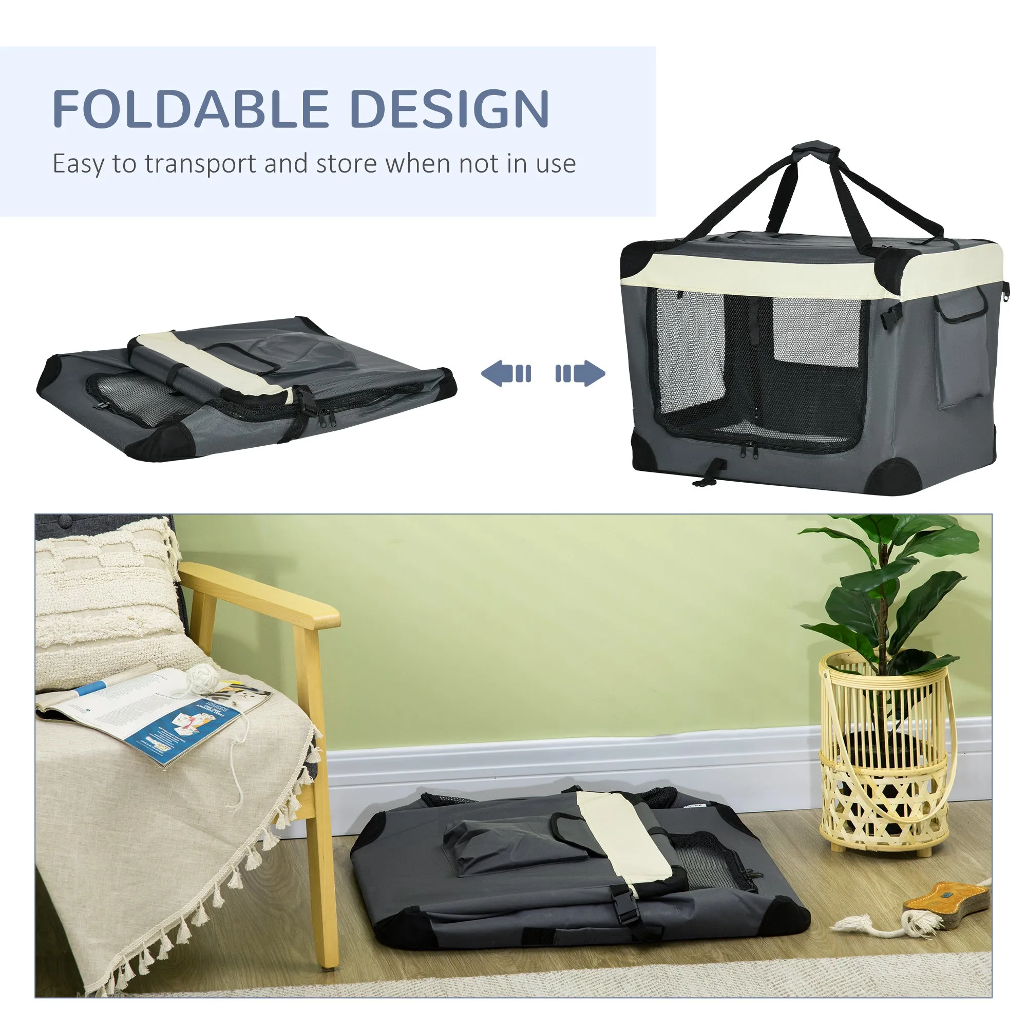 PawHut 70cm Grey Foldable Pet Carrier Bag Soft Travel Dog Crate for Small Dogs