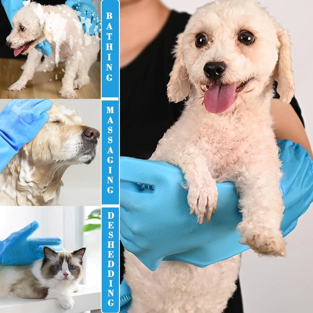 Pet Grooming Gloves Pet Hair Remover Cat, Dog Washing Gloves Silicone Heat Resistant Cleaning Gloves with High-Density Teeth Grooming Gloves for Dogs, Cats, Horses, Rabbits (1 Pair - Blue)