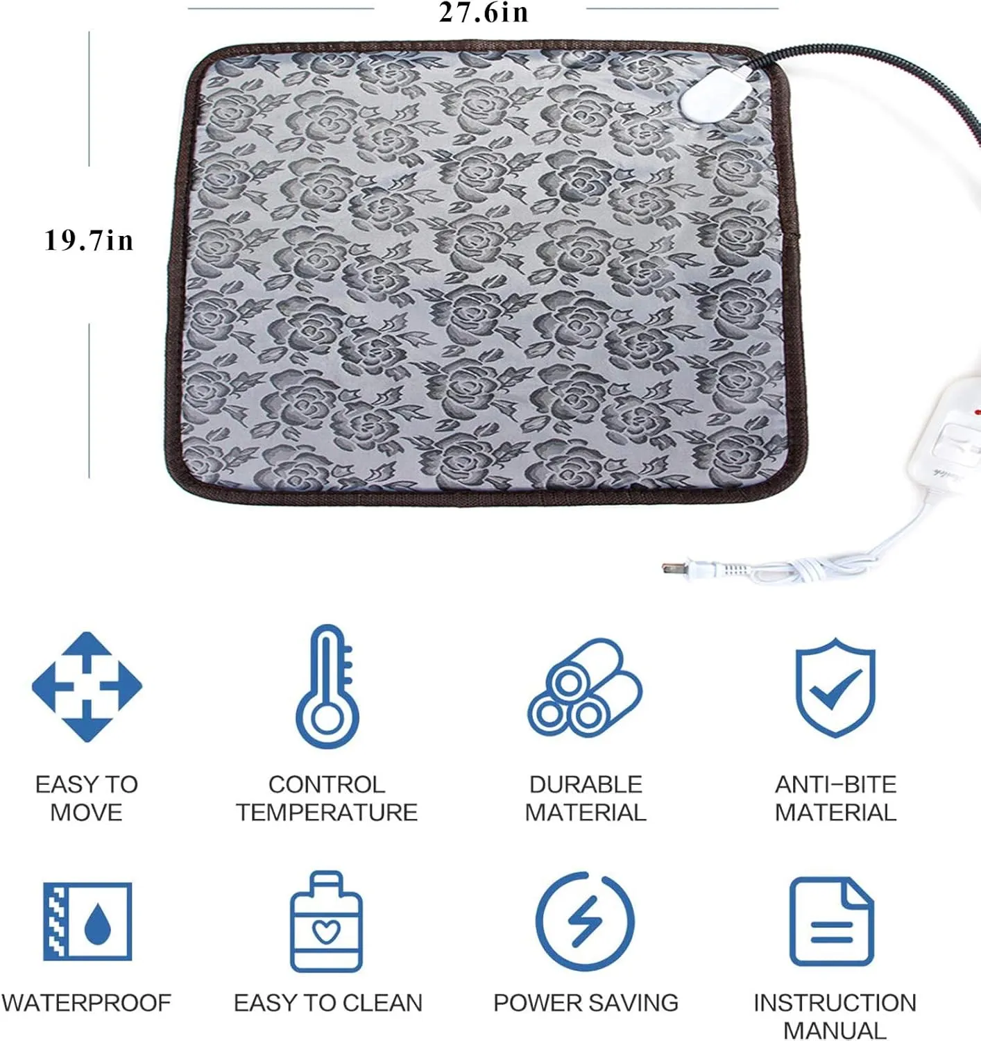 Pet Heating Pad, Electric Heated Cat Bed,Waterproof Heating Pad Blanket for Cats,Dogs, Adjustable Temperature Warming Safety Heating Pad with 147Cm Length Chew Resistant Steel Cord