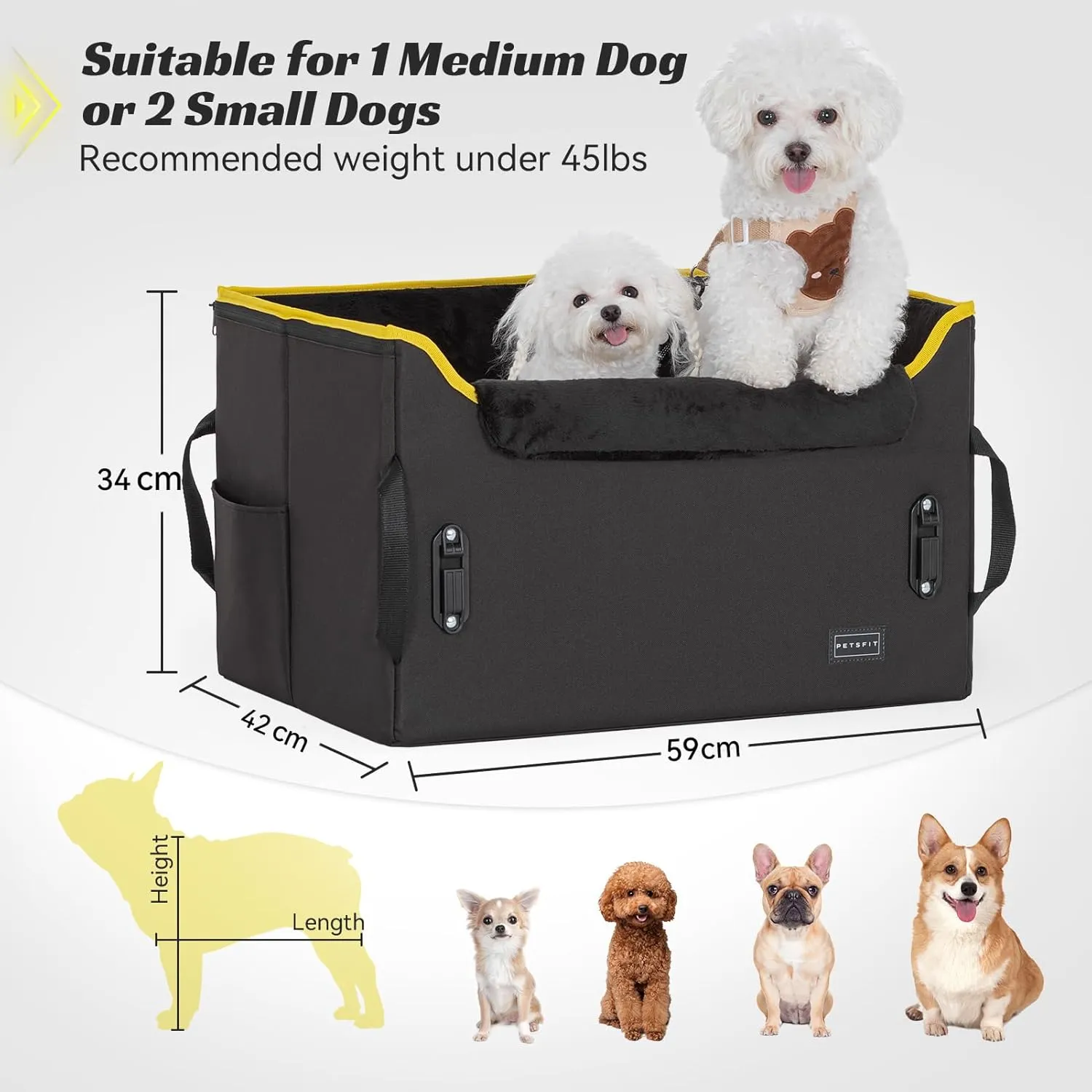 PETSFIT Dog Booster Car Seat, Dog Car Seats for Medium Sized Dogs or 2 Small Pets with 2 Safety Leashes and Patented Buckles, Carseat for Dogs with Storage Pockets for Pets Under 45Lbs (Black)
