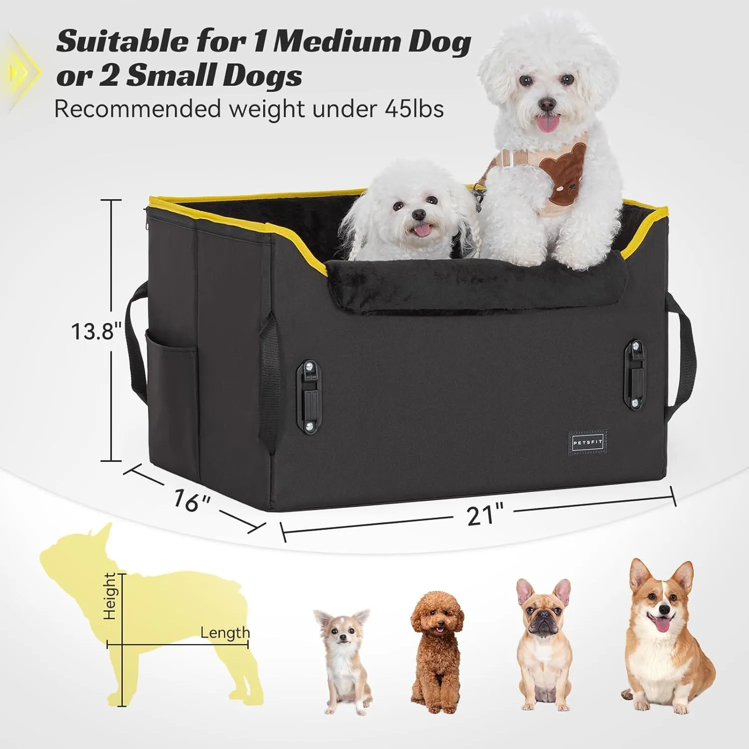PETSFIT Dog Booster Car Seat, Dog Car Seats for Medium Sized Dogs or 2 Small Pets with 2 Safety Leashes and Patented Buckles, Carseat for Dogs with Storage Pockets for Pets Under 45Lbs (Black)