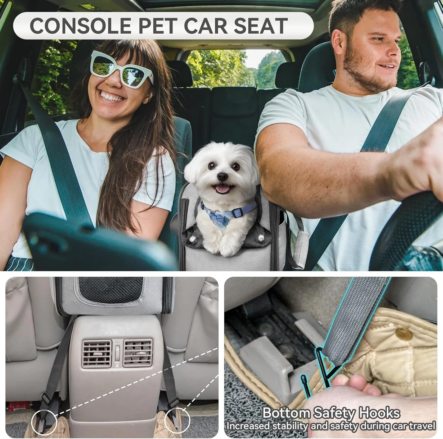 PETSFIT Multipurpose Console Dog Car Seat, Portable Small Dog Car Seat for Dogs, Cat Carrier, Pet Carrier Airline Approved with Safety Tether and Pockets (Light Grey)