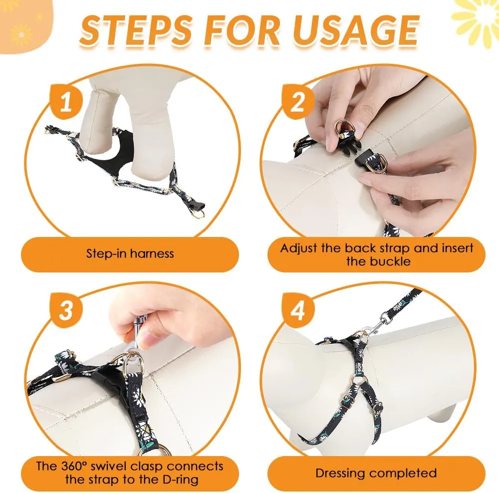 SlowTon No Pull Dog Harness with Leash - Soft Lightweight Floral Pattern Puppy Harness, Adjustable Pet Harness for Small Medium Dogs (Black Daisy XS)