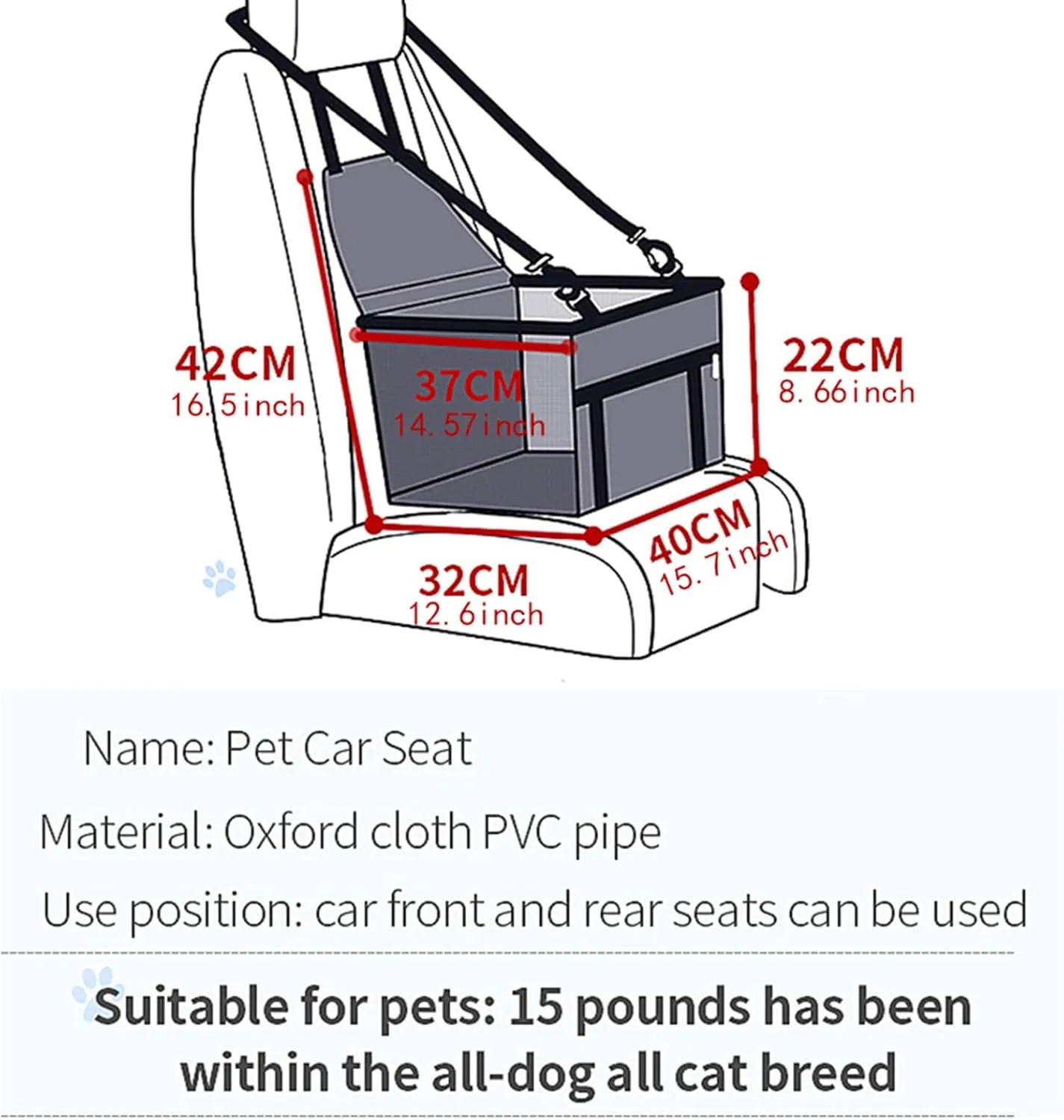 Small Dog Car SeatComfortable Front and Back seat pet beds, Portable Foldable seat, Breathable PVC Frame, Includes seat Belt, fits Small Dogs/Cats Weighing up to 15 pounds (Red, L)