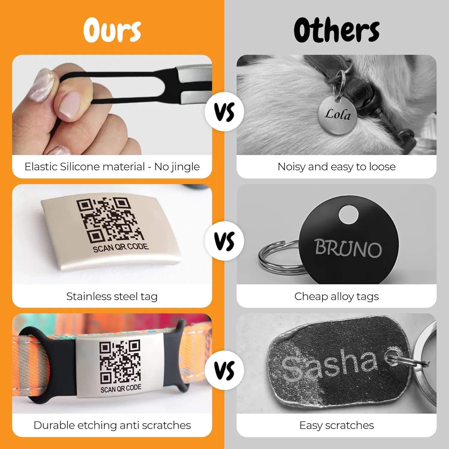 Smart Slide-On QR Code Pet Tag  Silent Dog & Cat ID Tag with Laser Engraving  Stainless Steel & Silicone  No App Needed  Custom Pet Profile  Fits Most Collars (Black, Extra Large)