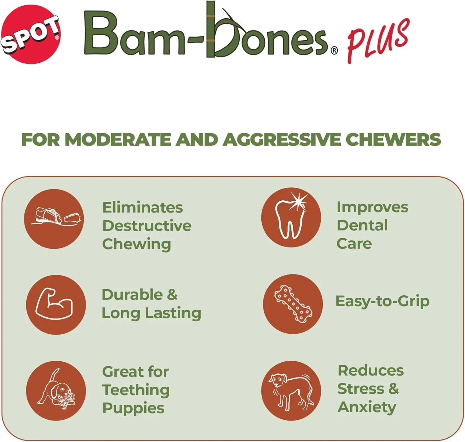 SPOT Bam-Bones PLUS Gigglers Tripod Durable Dog Chew Toy, For Large Aggressive Chewers, Bamboo Fiber & Nylon, Dual Texture, Massaging Rubber Ends, Sounds, Non-Splintering, Peanut Butter Flavor, 6 Inch