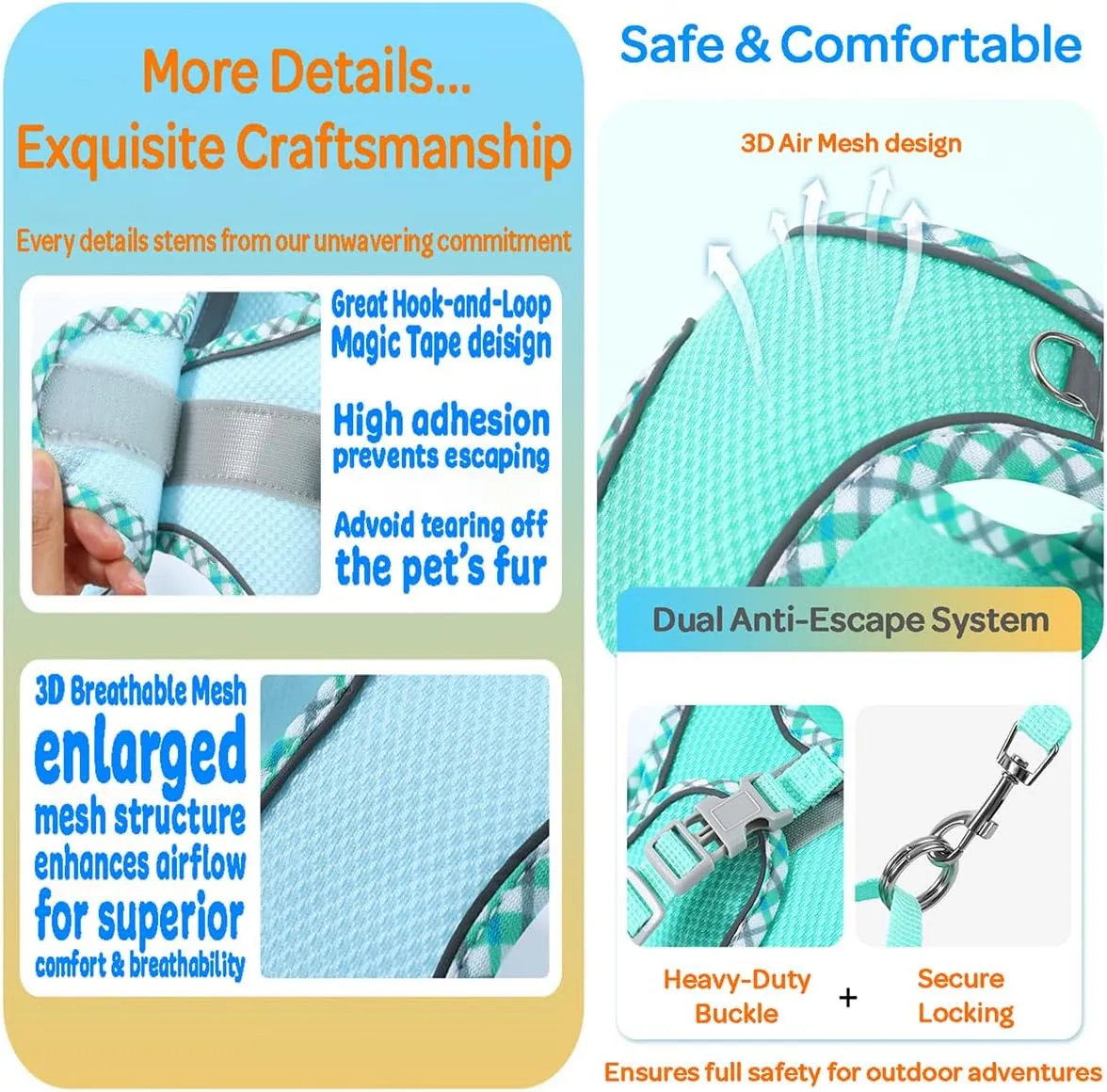 Step-in Checkered Pet Harness with a Free 59 inch Leash Included - Breathable Air Mesh for Dogs & Cats, Safe Vest Built with Reflective Straps, Buckle & Double Metal Rings, Ocean Blue, M