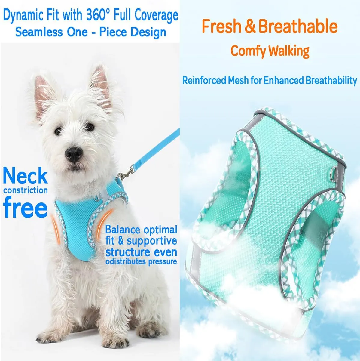 Step-in Checkered Pet Harness with a Free 59 inch Leash Included - Breathable Air Mesh for Dogs & Cats, Safe Vest Built with Reflective Straps, Buckle & Double Metal Rings, Ocean Blue, M