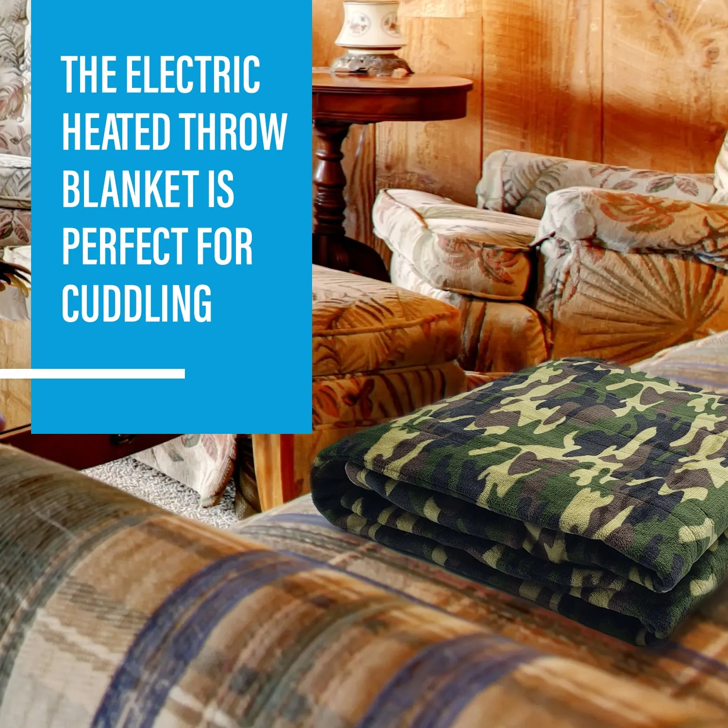 SUNAID Electric Heated Throw Blanket Fleece with Controller, 50" x 60" , 4 Hours Auto Shut-Off, Fast Warming, Full-Body Comfort, Luxuriously Soft, Machine Washable (Camo)
