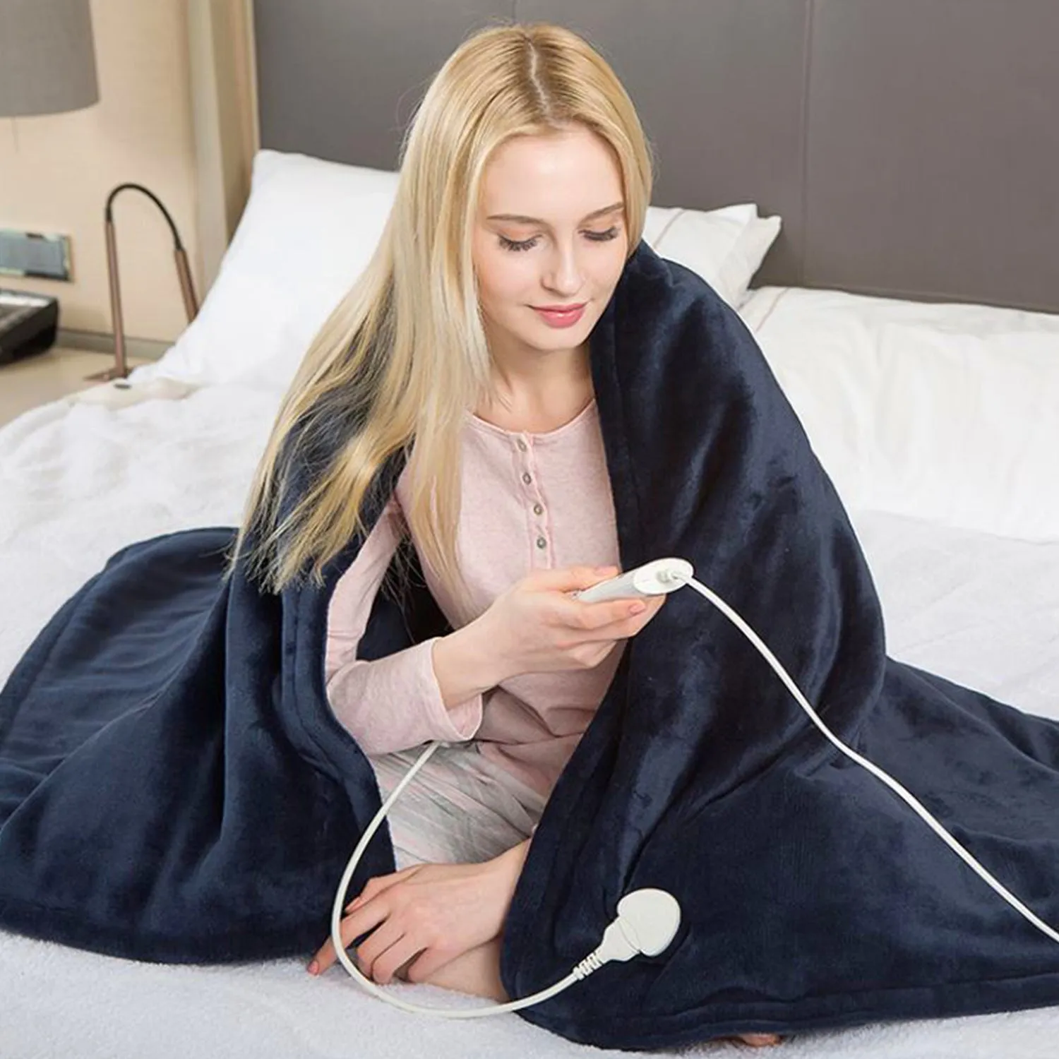 SUNAID Electric Heated Throw Blanket Fleece with Controller, 50" x 60" , 4 Hours Auto Shut-Off, Fast Warming, Full-Body Comfort, Luxuriously Soft, Machine Washable (Navy)