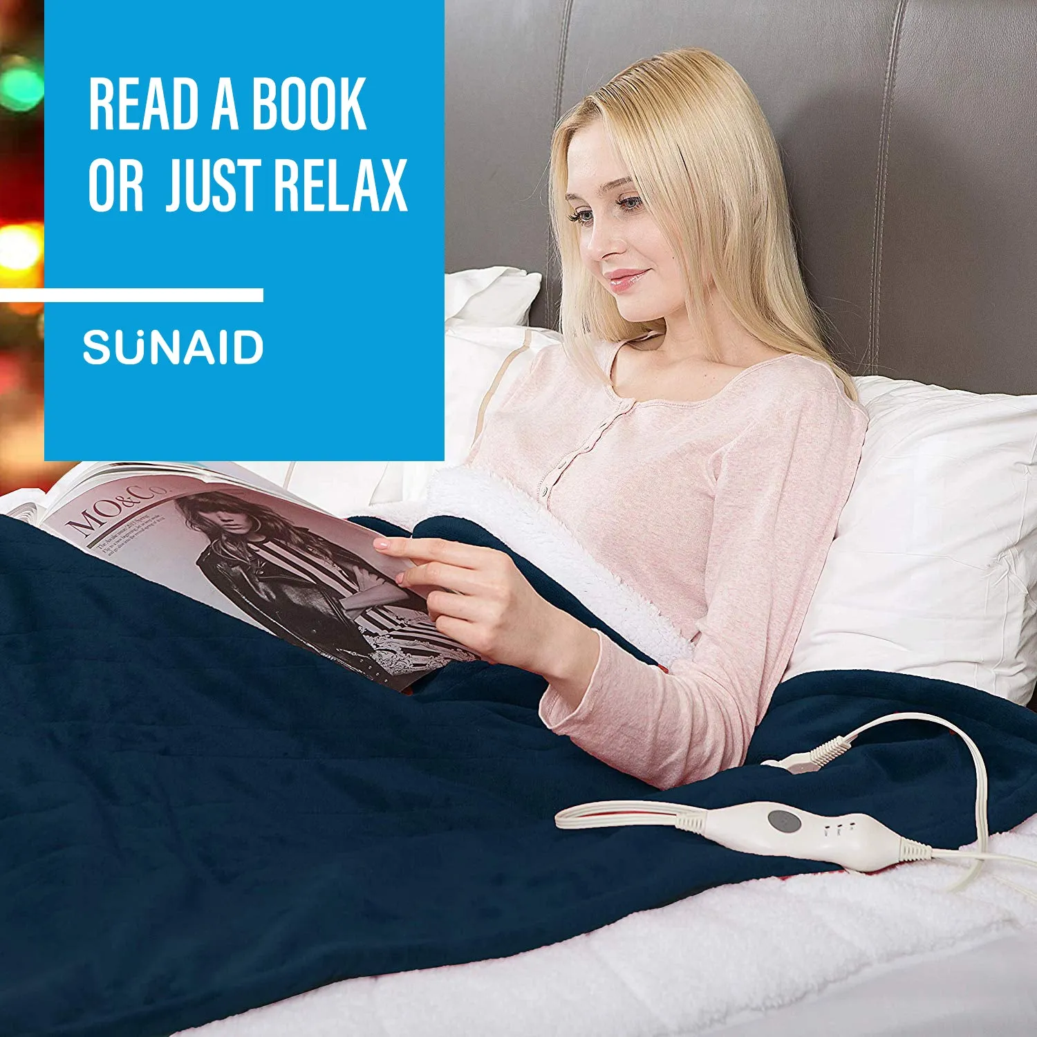 SUNAID Electric Heated Throw Blanket Fleece with Controller, 50" x 60" , 4 Hours Auto Shut-Off, Fast Warming, Full-Body Comfort, Luxuriously Soft, Machine Washable (Navy)