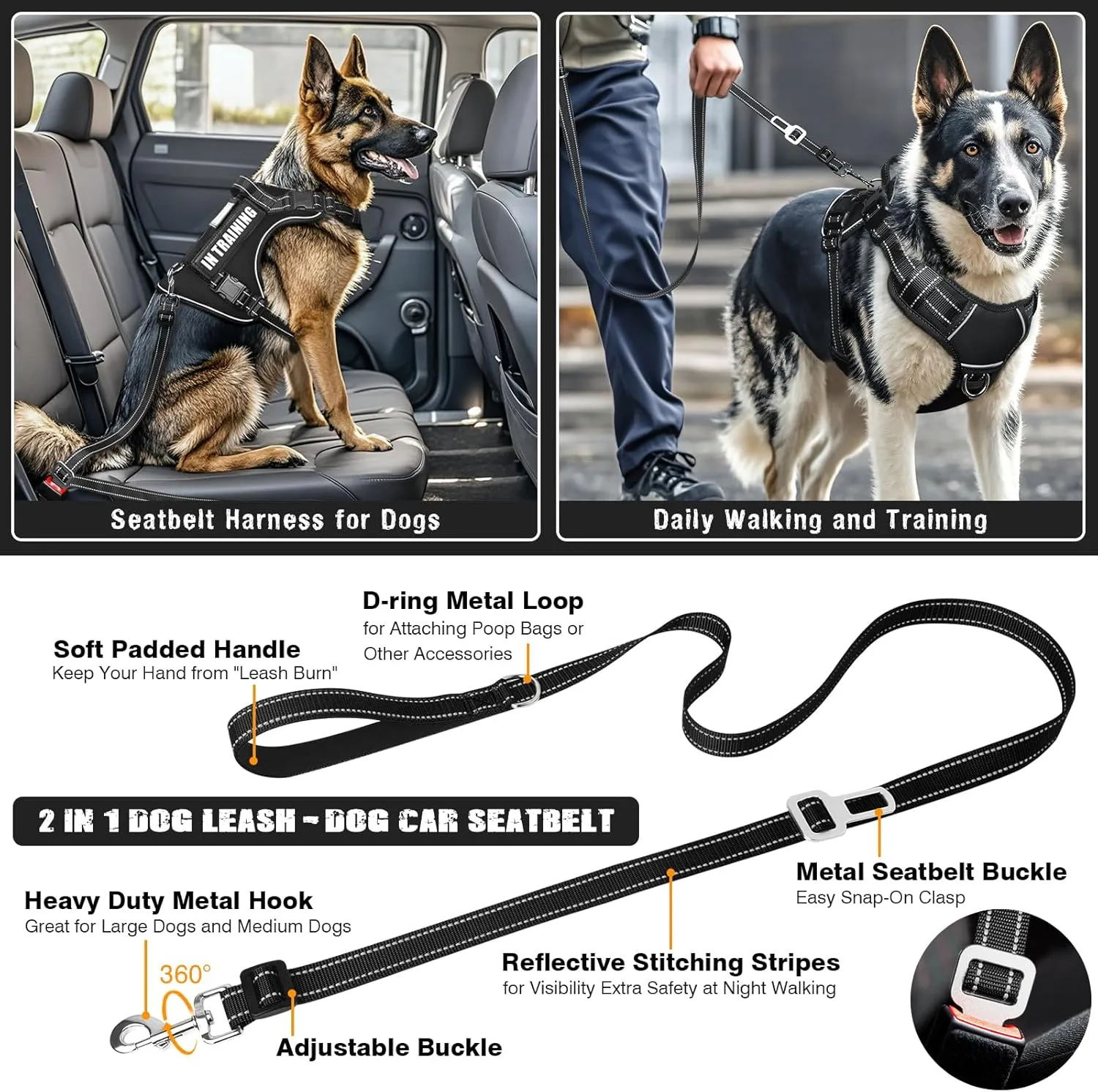 Tactical Dog Harness and Leash Set for Large Dogs,Heavy Duty No Pull Service Dog Vest and 10 Patches with Dog Seat Belt,Reflective Adjustable Pet Harness for Training Walking Hiking Black XL