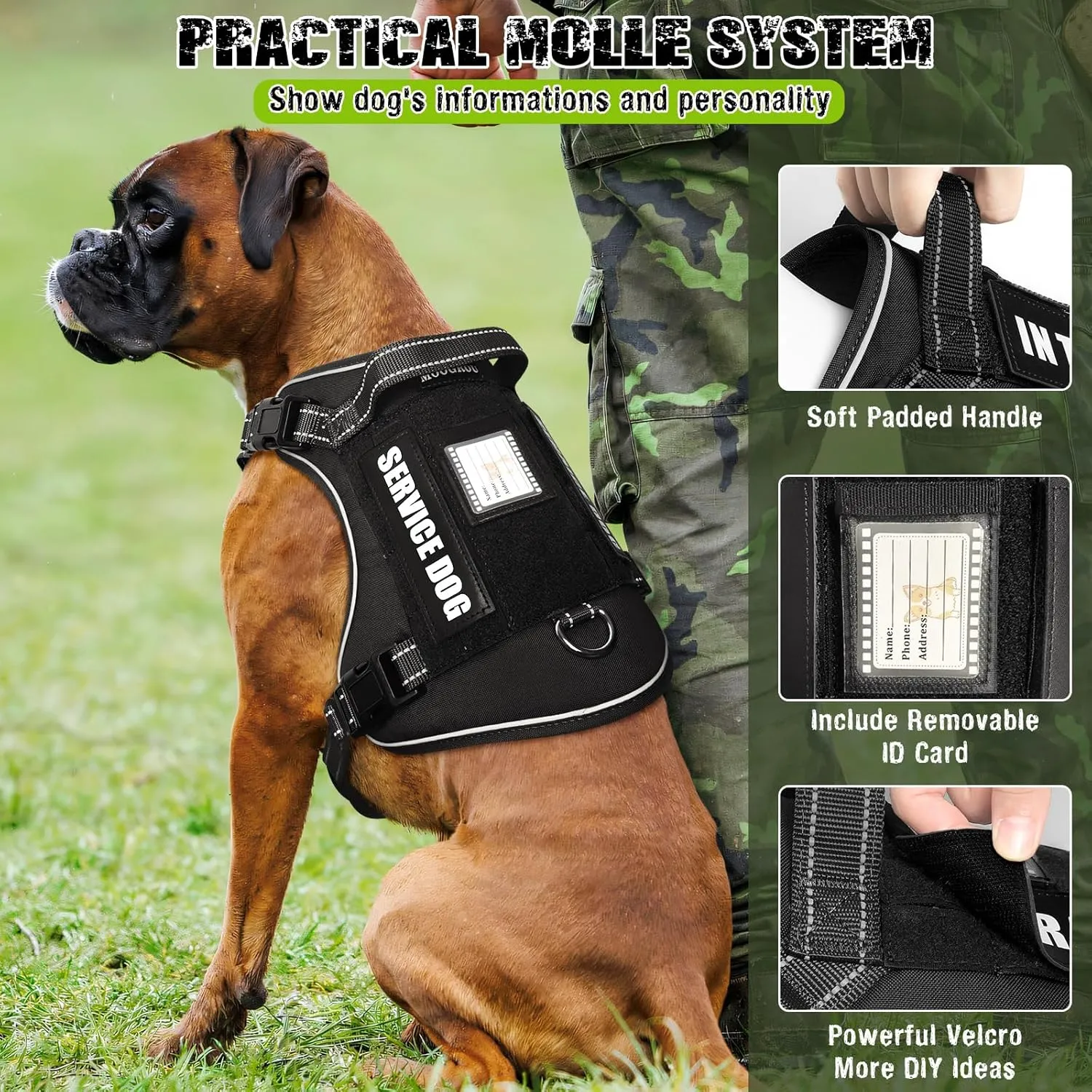 Tactical Dog Harness and Leash Set for Large Dogs,Heavy Duty No Pull Service Dog Vest and 10 Patches with Dog Seat Belt,Reflective Adjustable Pet Harness for Training Walking Hiking Black XL