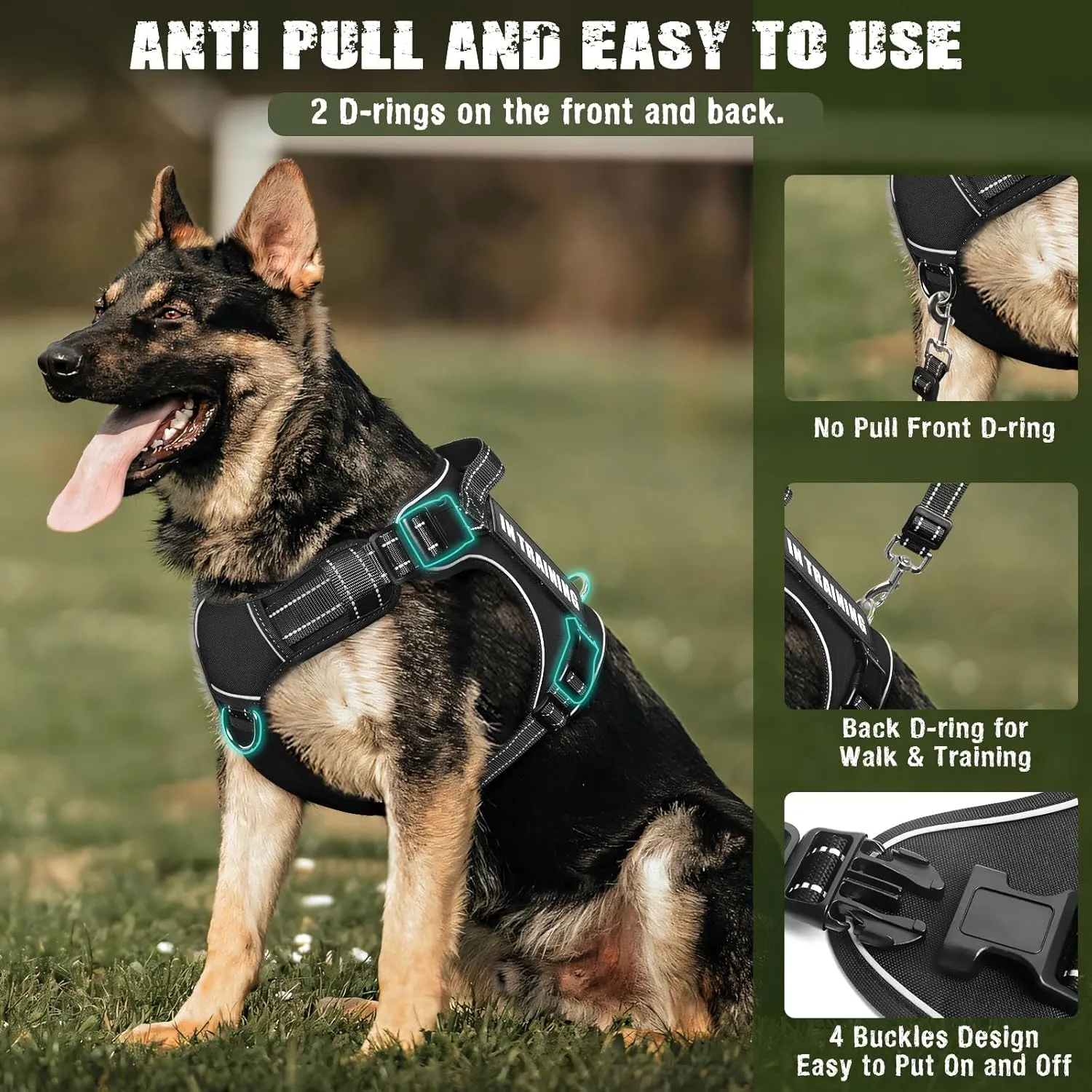Tactical Dog Harness and Leash Set for Large Dogs,Heavy Duty No Pull Service Dog Vest and 10 Patches with Dog Seat Belt,Reflective Adjustable Pet Harness for Training Walking Hiking Black XL