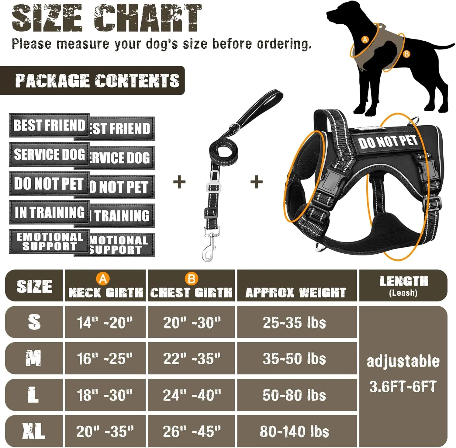 Tactical Dog Harness and Leash Set for Large Dogs,Heavy Duty No Pull Service Dog Vest and 10 Patches with Dog Seat Belt,Reflective Adjustable Pet Harness for Training Walking Hiking Black XL